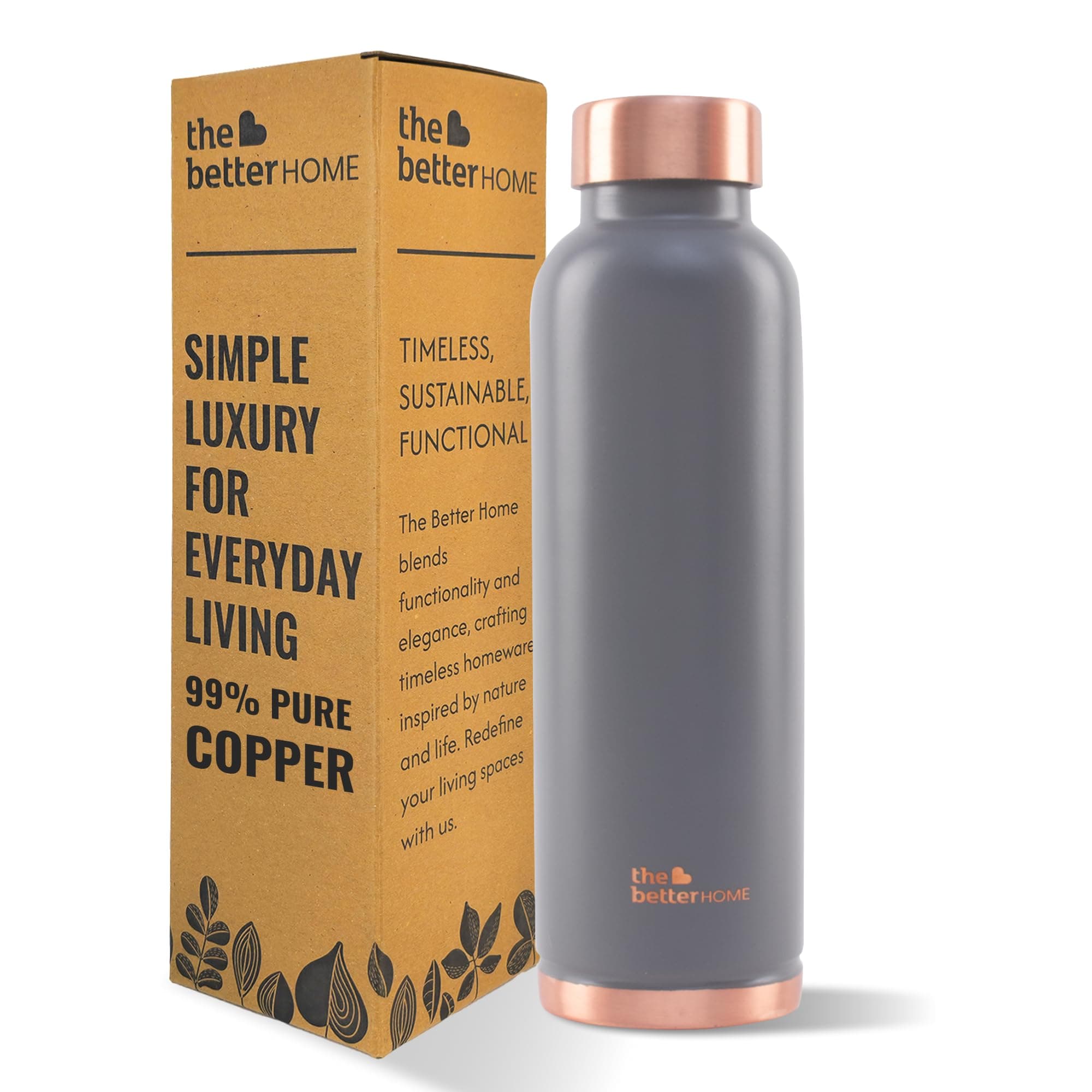 The Better Home 1000 Copper Water Bottle (900ml) | 100% Pure Copper Bottle | BPA Free & Non Toxic Water Bottle with Anti Oxidant Properties of Copper | Grey (Pack of 1)