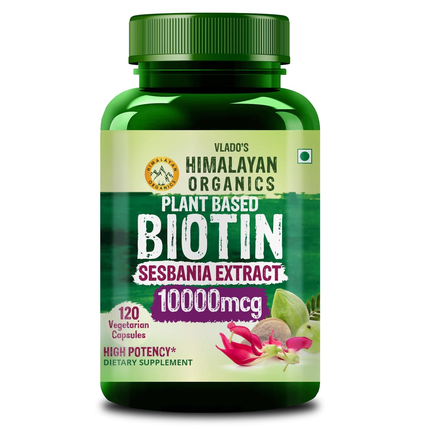 Vlado’s Himalayan Organics Plant Based Biotin 10000Mcg Supplement For Longer Hair Growth | Glowing Skin And Longer Nails | For Men And Women - 120 Veg Capsules