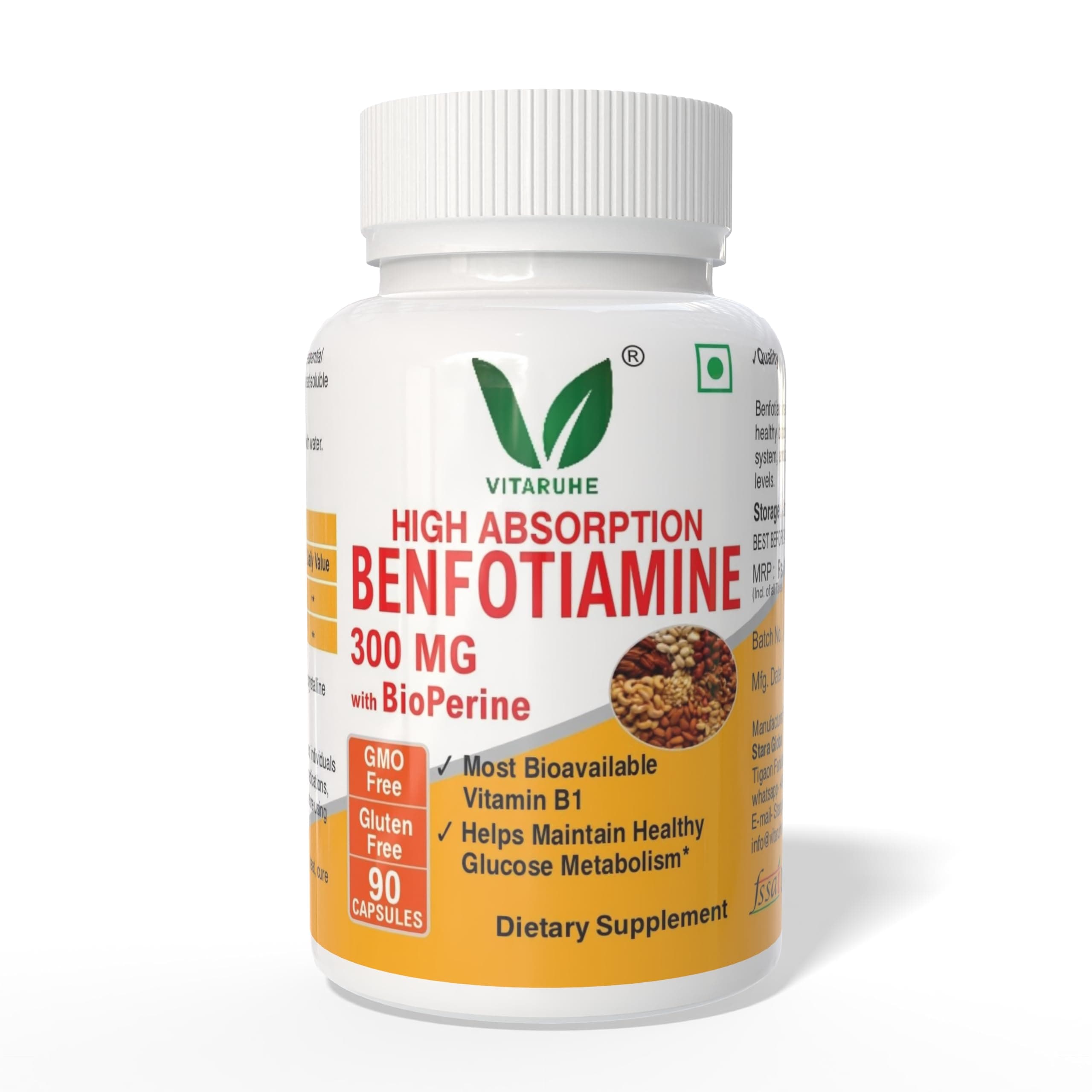 - VITARUHE® Benfotiamine 300 Mg With Bioperine, Helps Maintain Blood Sugar Levels Supplement, 90 Capsules