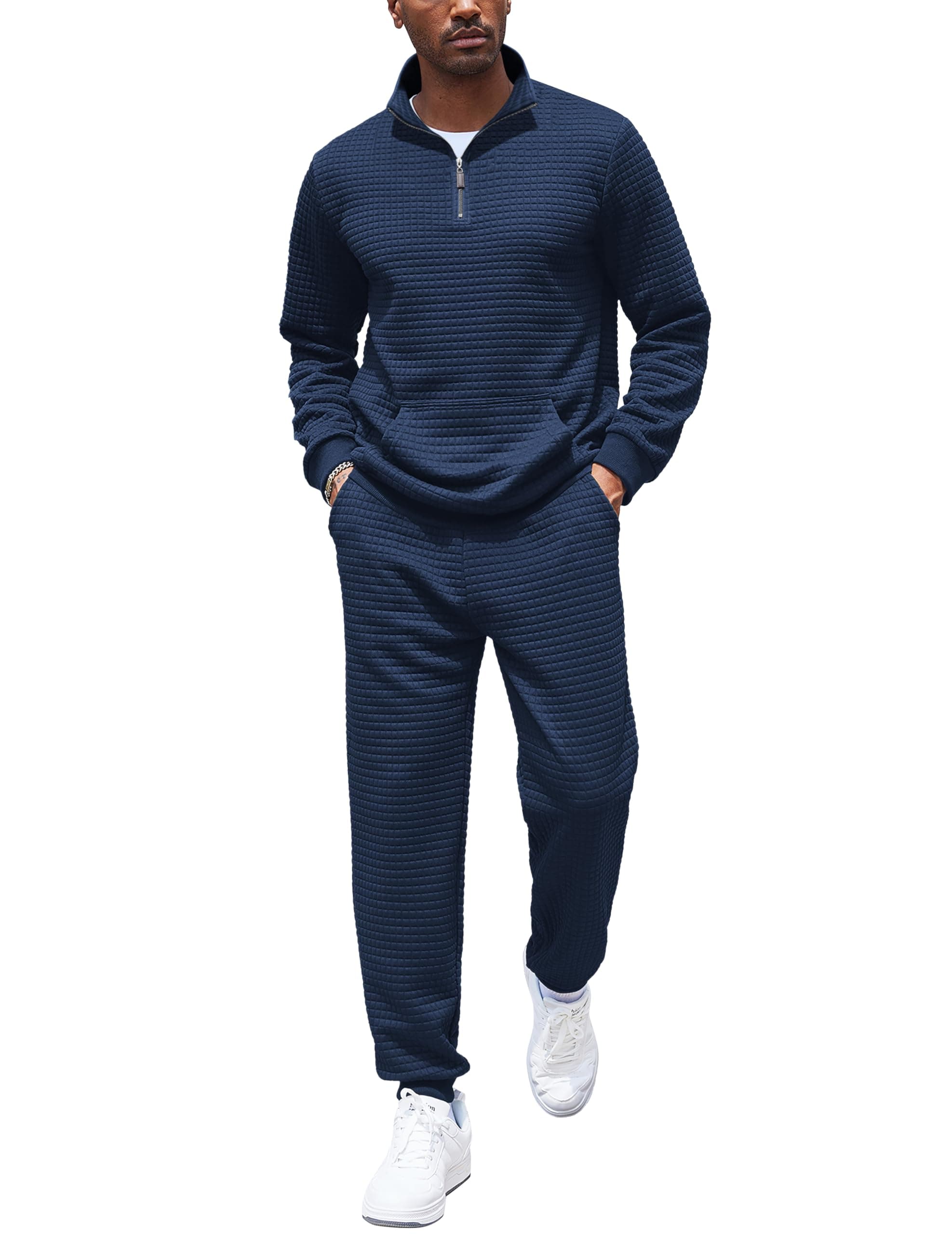 Men's Tracksuit 2 Piece Quarter Zip Sweatsuit Workout Plaid Jacquard Jogging Suit Set
