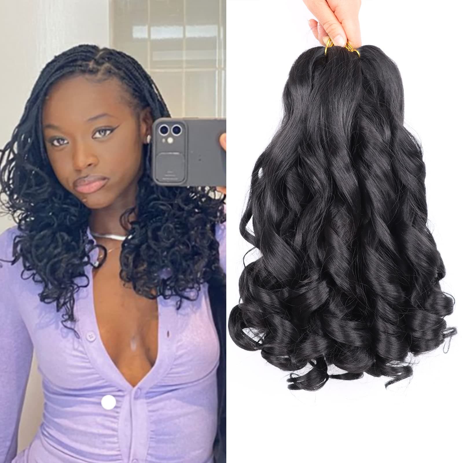 French Curly Braiding Hair 14 Inch 8 Packs Curly Braiding Hair Pre Stretched for Box Braids French Curls Crochet Braids Bouncy Loose Wavy Braiding Hair Extensions(14 Inch, Natural Black)