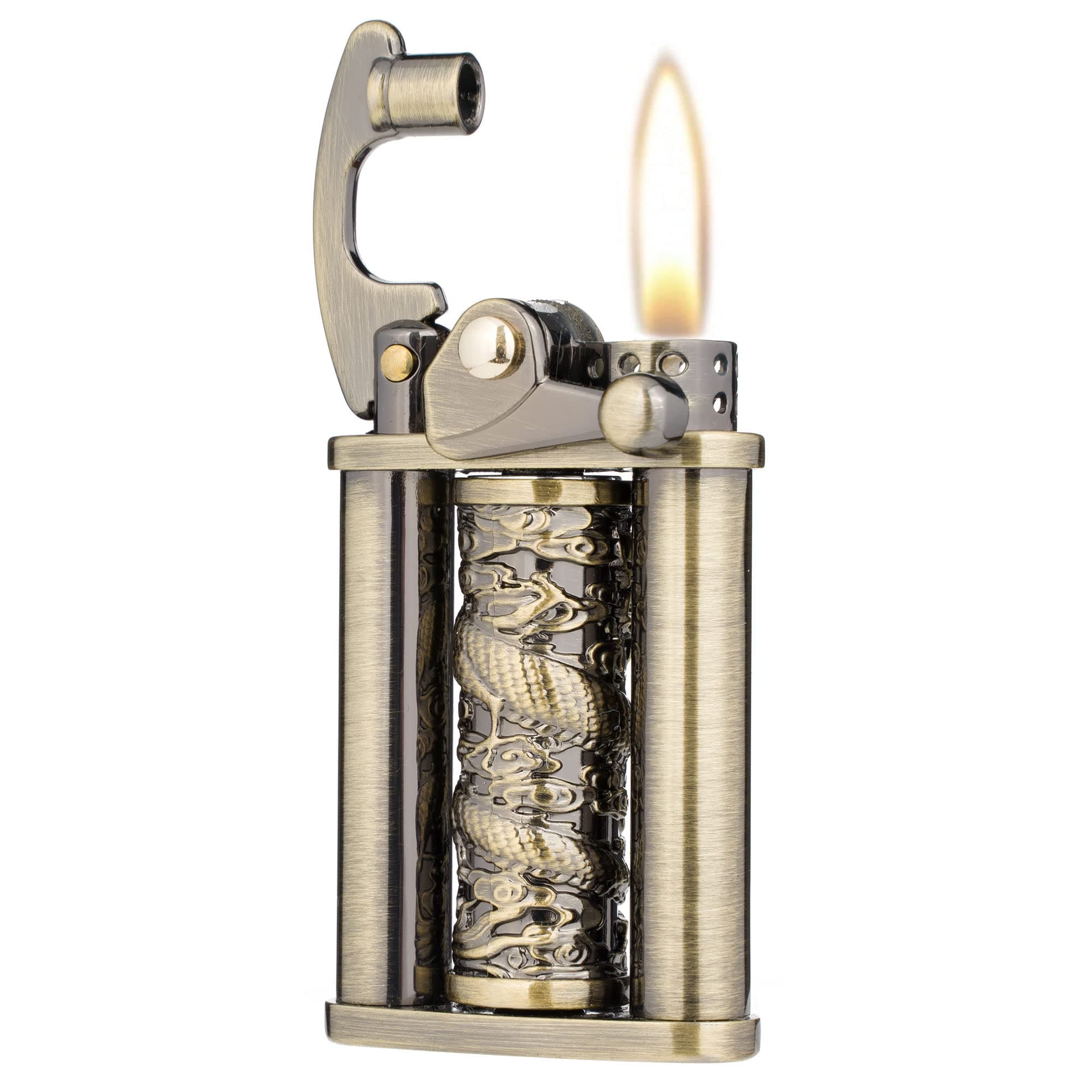 RUIXI Antique Type Rotatable Dragon Pillar Soft Flame Rocker Arm Petrol Kerosene Lighter (Bronze)