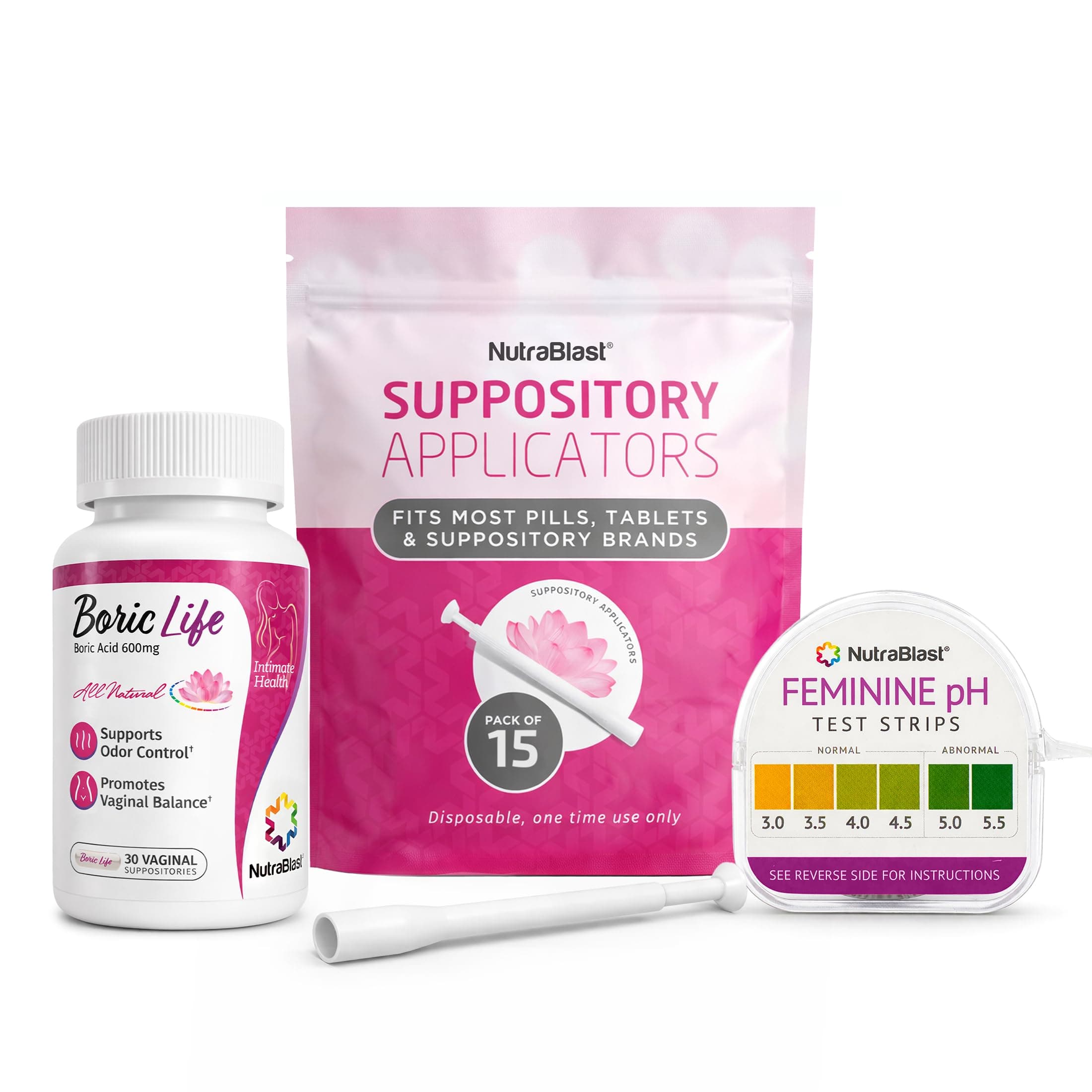 NutraBlast Boric Acid Suppositories 600mg (30 Count) Bundle with Disposable Suppository Applicators (15-Pack) and Feminine pH Test Strips 3.0-5.5 (100 Tests Roll)