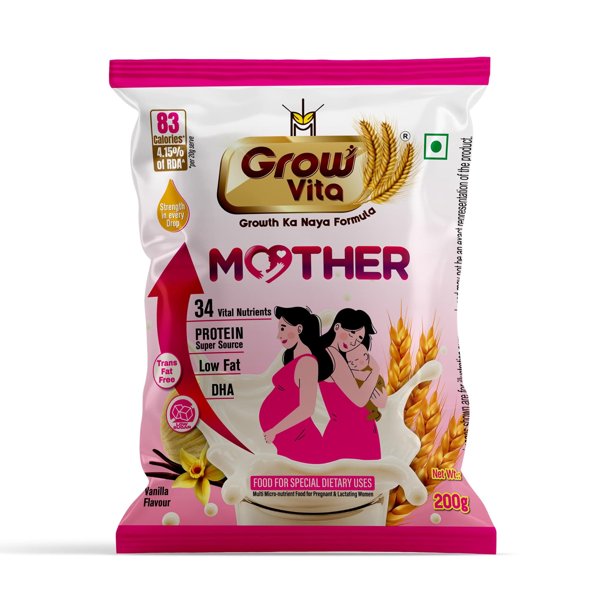 Grow Vita Maa Growth Ka Naya Formula | Creamy Vanilla-Flavoured Protein-Rich Malt Granules | For Pregnant & Lactating Women | Fortified with 32 Essential Nutrients | 200 g Pack