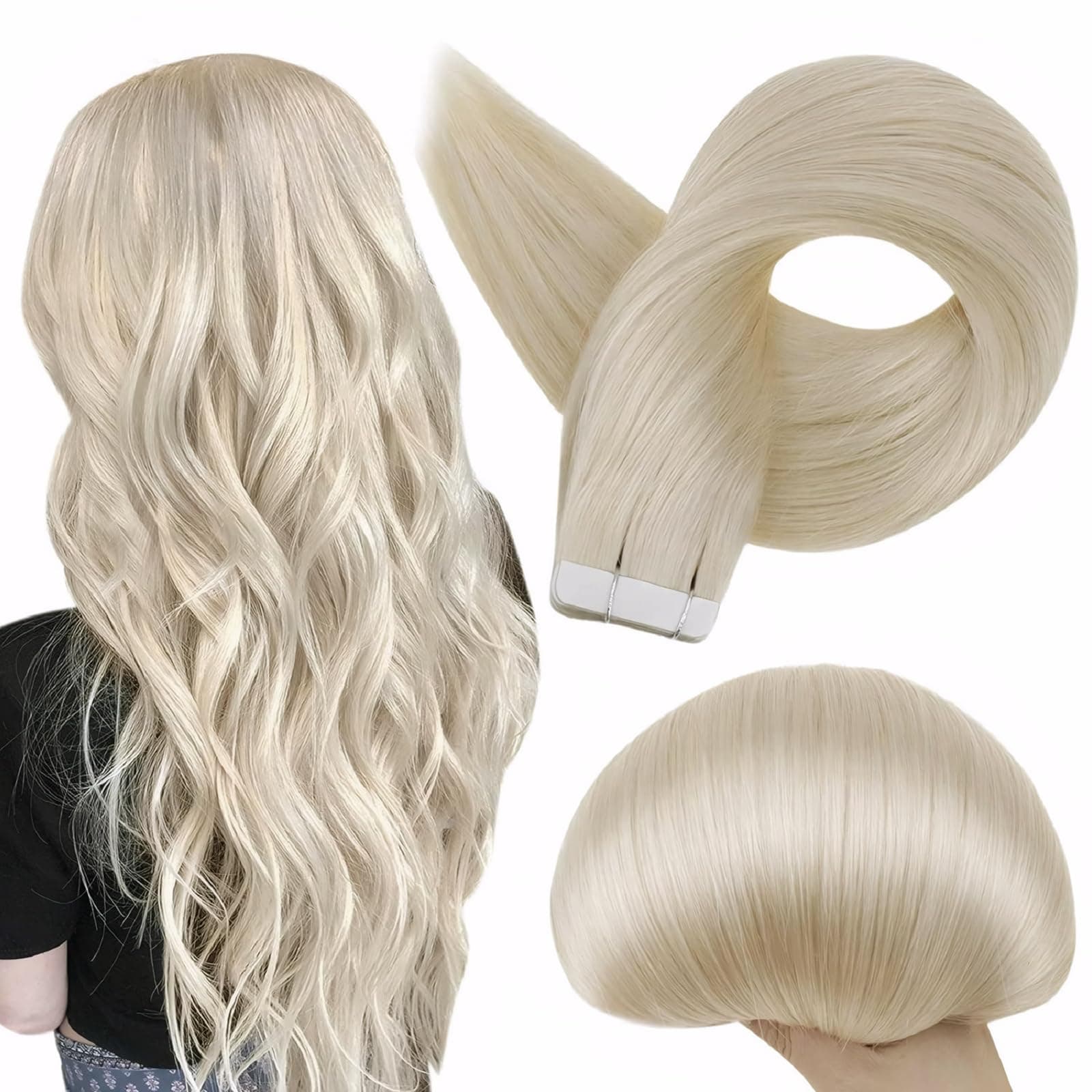 Full Shine Tape in Hair Extensions Brazilian Human Hair Color 60 Platinum Blonde Tape in Extensions Seamless Skin Weft 20Pcs Invisible Real Remy Extension Adhesive Double Sided Tapes ins 50G 22Inch