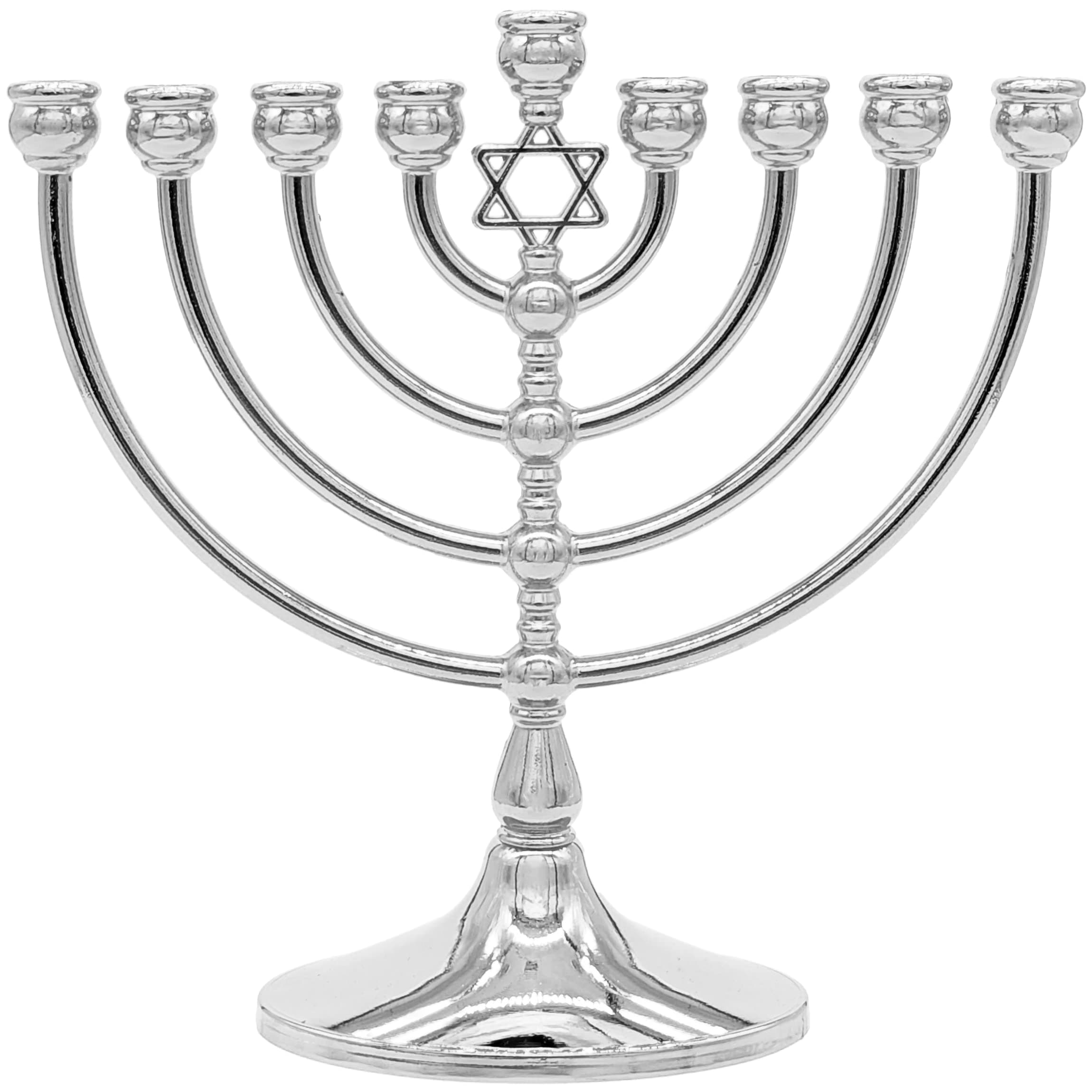 The Dreidel Company Hanukkah Menorah with Traditional Star Polished Aluminum Finish, Full Size 7 Inches Tall