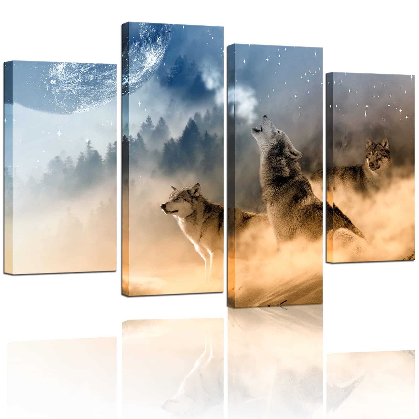 Biuteawal - 4 Piece Animal Wall Art Painting Wolf Howling to The Moon Poster Art Print Wildlife Picture for Home Modern Decoration Stretched and Framed Ready to Hang