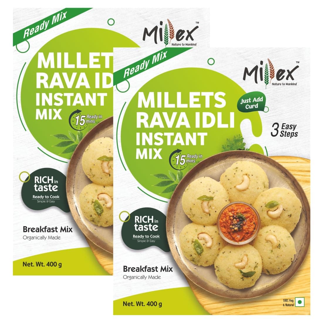 Millex Millets Rava Idli Instant Mix each 400g (Pack of 2)|Natural & Healthy Breakfast| Rich in Protein & High Fiber|Ready to Cook Indian Breakfast Mix|Easy to make & Tasty|Nutrient-Rich and Delicious|Instant Ready Millet Mix|Any time Snacks