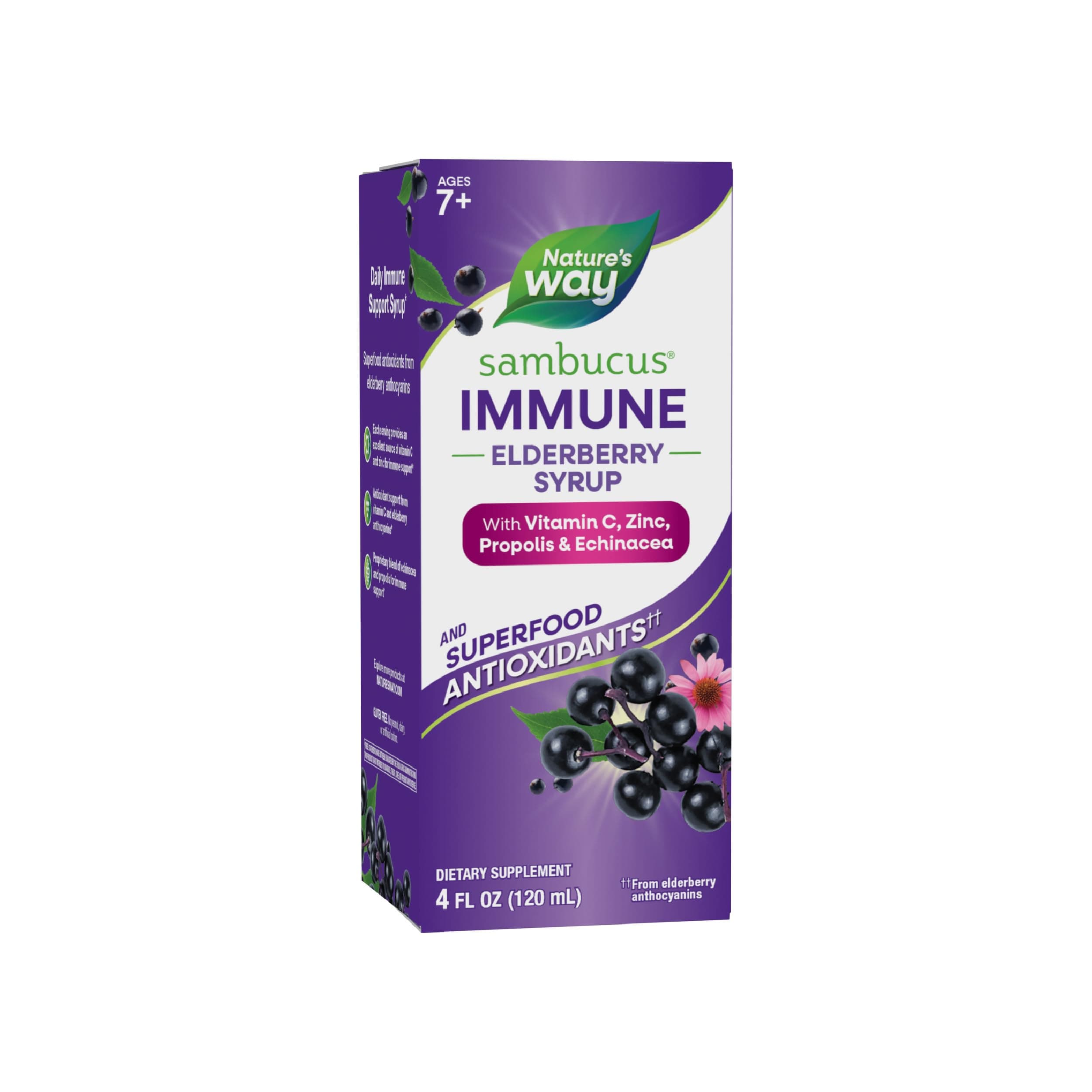 Nature's Way Sambucus Immune Elderberry Syrup, Elderberry Extract, Vitamin C, Zinc, Echinacea, Propolis, Daily Immune Support*, Superfood Antioxidants(1), Gluten Free, 8 Fl Oz (Packaging May Vary)