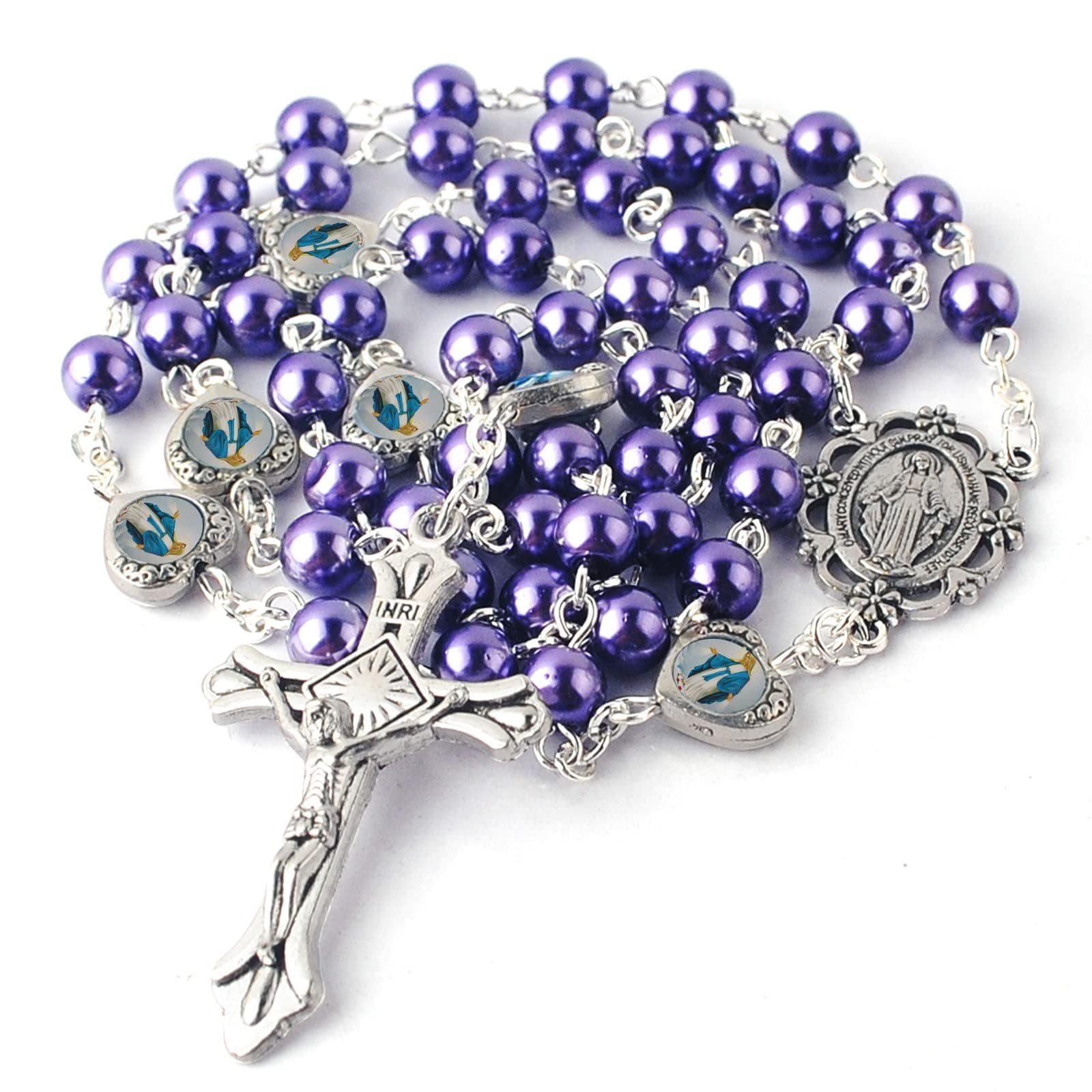 HanlinCC Glass Pearl Beads with Miraculous Epoxy Heart Metal Beads Rosary Necklace pack in Velvet Gift Bag with Rosary Pray Card