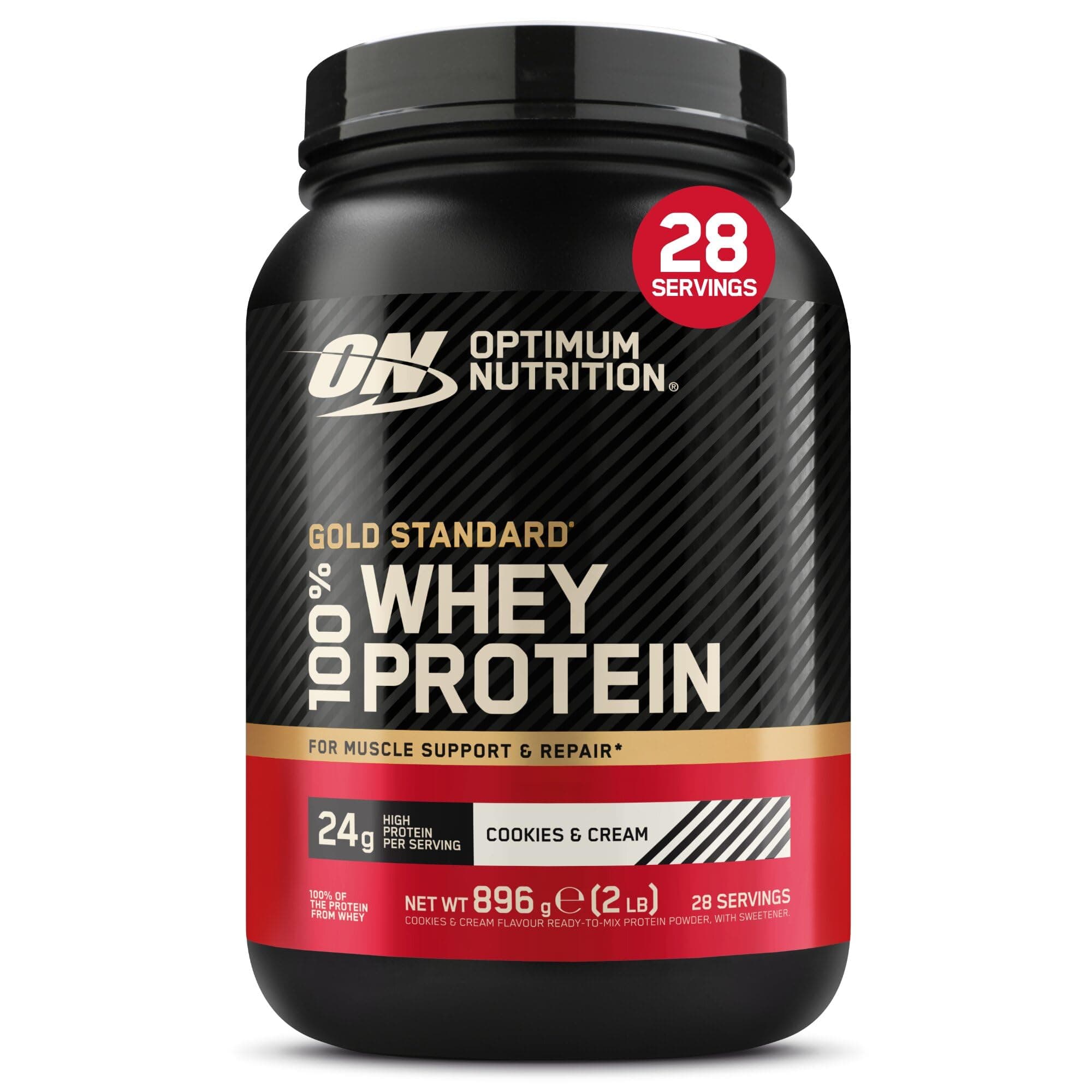 Optimum Nutrition Gold Standard 100% Whey Protein, Muscle Building Powder With Naturally Occurring Glutamine and BCAA Amino Acids, Cookies and Cream Flavour, 28 Servings, 896 g