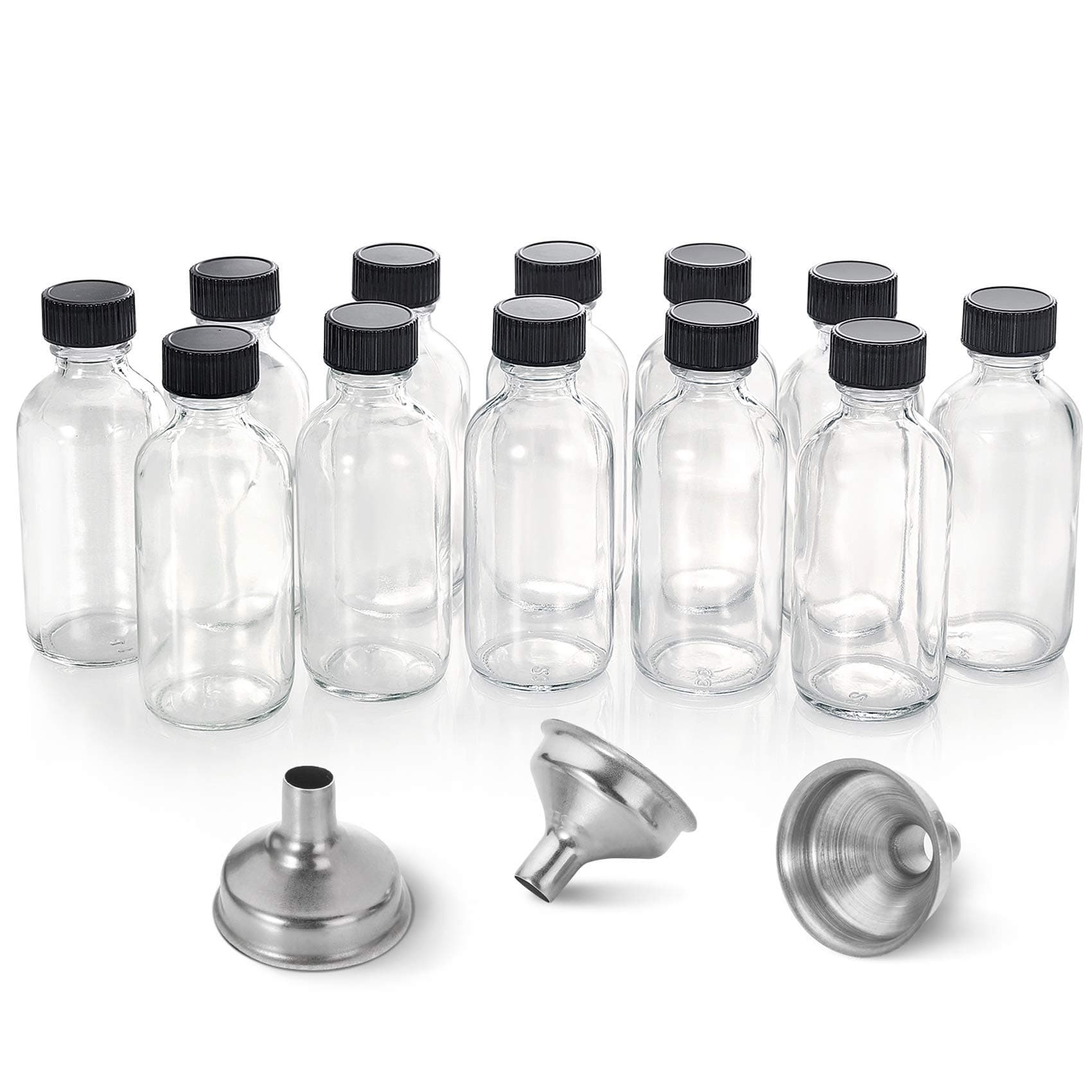 AOZITA 12,2 Oz Small Clear Glass Bottles (60Ml) With Lids&3 Stainless Steel Funnels - Boston Round Sample Bottles For Potion,Juice,Ginger Shots,Oils,Whiskey,Liquids - Mini Travel Bottles,No Leakage