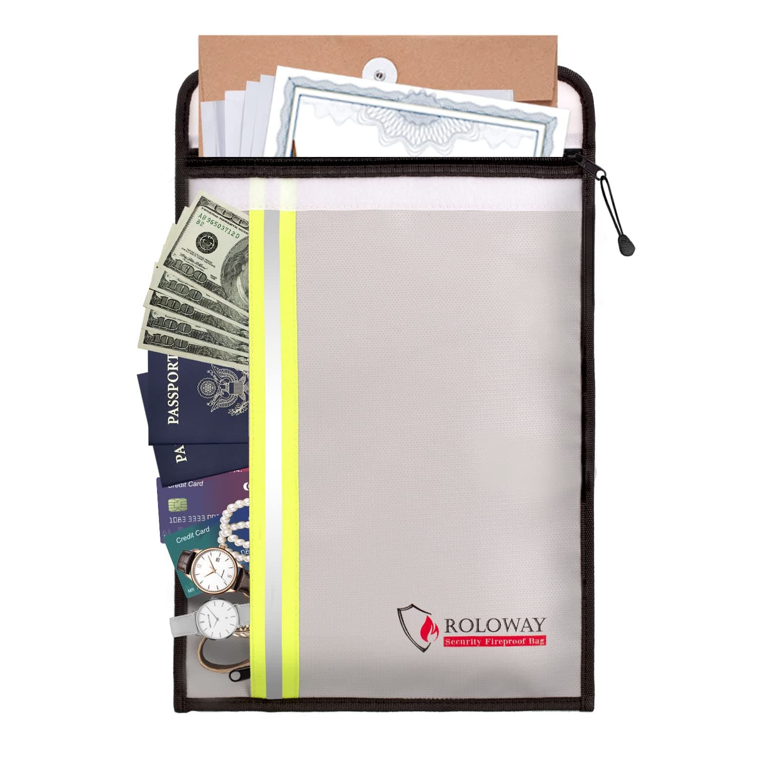 ROLOWAY Fireproof Document Bag with 2 Pockets and Reflective Strip, Fireproof Bag for Document Safe, Fireproof Money Bag