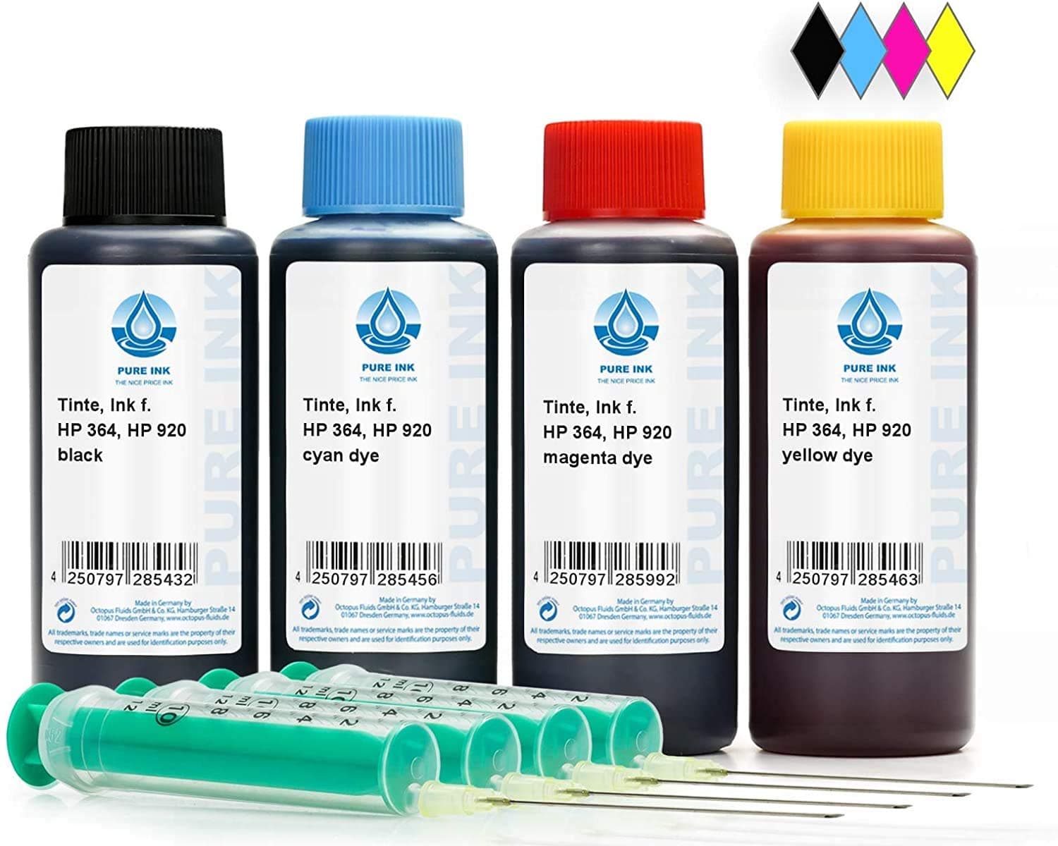 Octopus 4x 100 ml Pure Ink printer ink compatible for HP 300, 364, 920 printer cartridges, printer ink for HP Deskjet 3070 A, 3070, 3520, 3521, 3522, 3524, D 1600, D 1658, D 1660 etc. (No OEM)