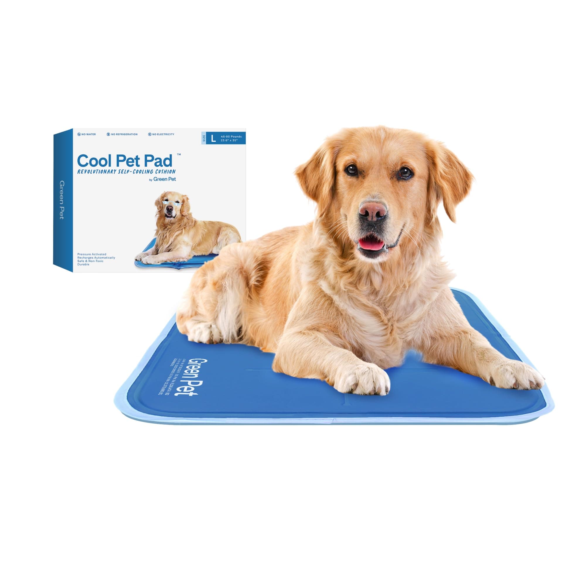 Cool Pet Pad - Large, Blue - Self-Cooling, Pressure Activated Mat for Dogs & Cats from 46-80 lbs - Non-Toxic Gel, No Water Needed