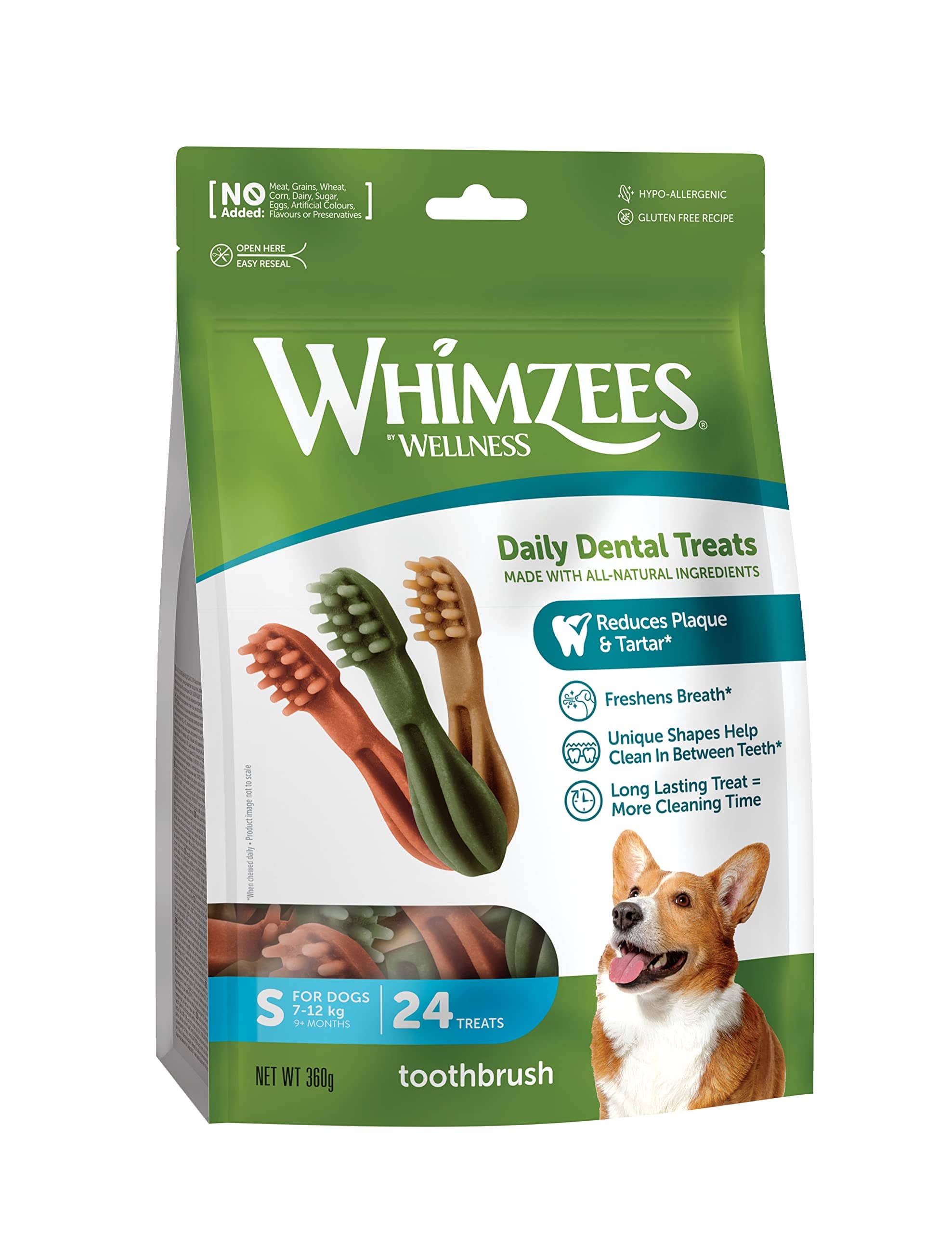 Whimzees Natural Grain Free Dental Dog Treats, Toothbrush S 24Pcs 360G