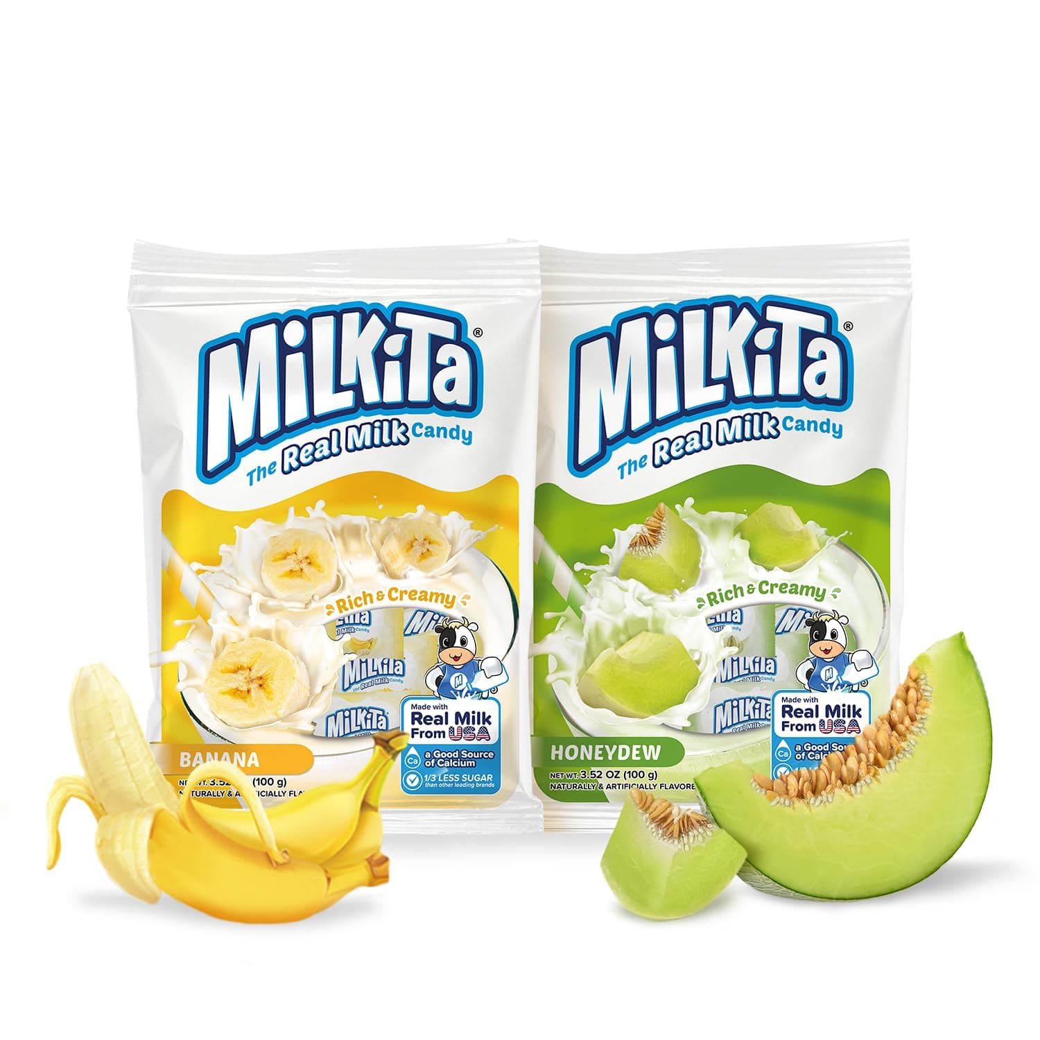 Milkita Creamy Shake Candy Bag, Gluten Free Chewy Candies with Calcium & Real Milk, Zero Trans Fat, Low-Sugar (Banana & Honeydew) 60 Pcs