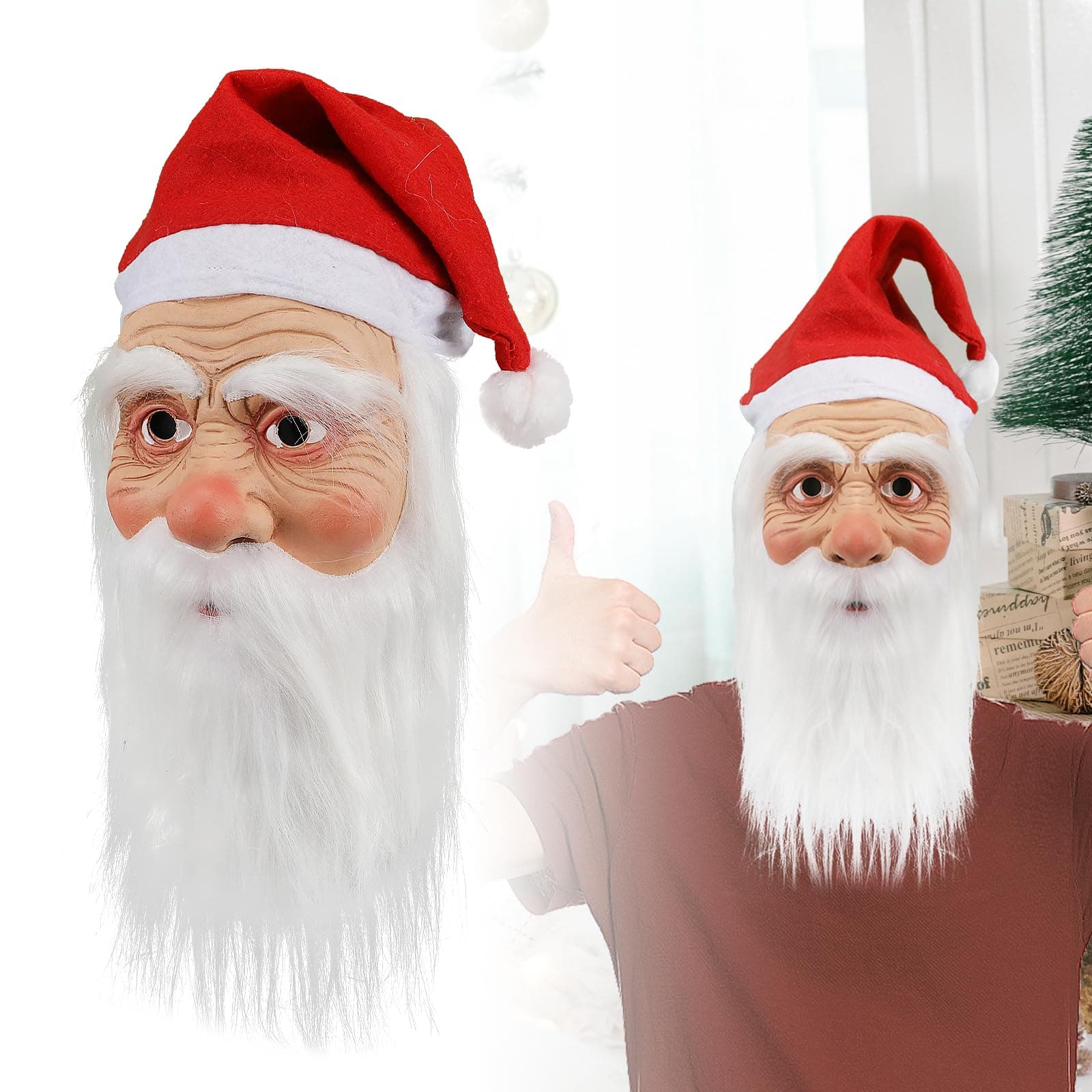 TIKBBRMG Realistic Santa Mask with Beard Santa Head Cover Latex Mask Christmas Santa Claus Face Mask Santa Beard And Wig