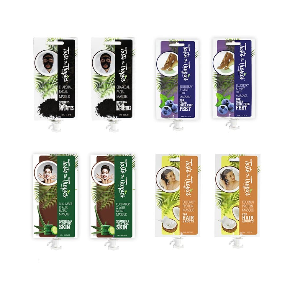 Taste the Tropics Detoxifying Face Mask and Deep Conditioning Hair Mask and Soft Foot Mask Sampler Pack (Value Mix Pack, 8 Pack)