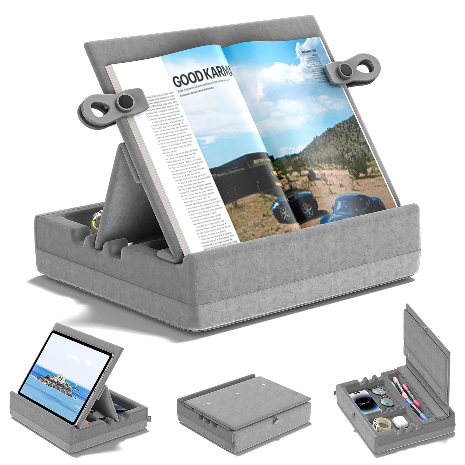 KDD Reading Pillow Stand, Adjustable Angle Book Couch i-pad Holder for Lap and Bed, E-Reader Soft Pad Dock with Storage Tray Compatible with Book and Tablet