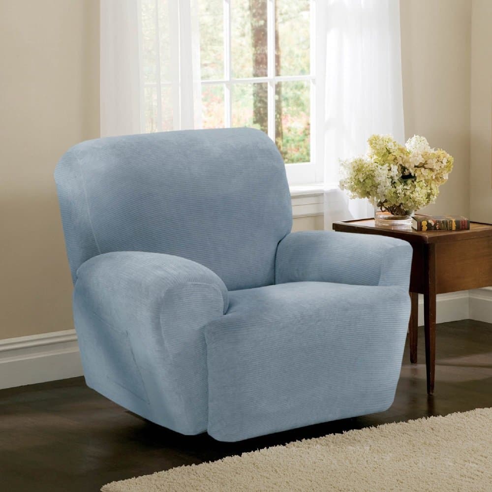 Single Piece Blue Recliner Chair Slipcover, Form Fitting Style, Solid Pattern, Polyester Spandex Fabric Material, Stretchy Construction, T-cushion, Machine Washable, Light Blue