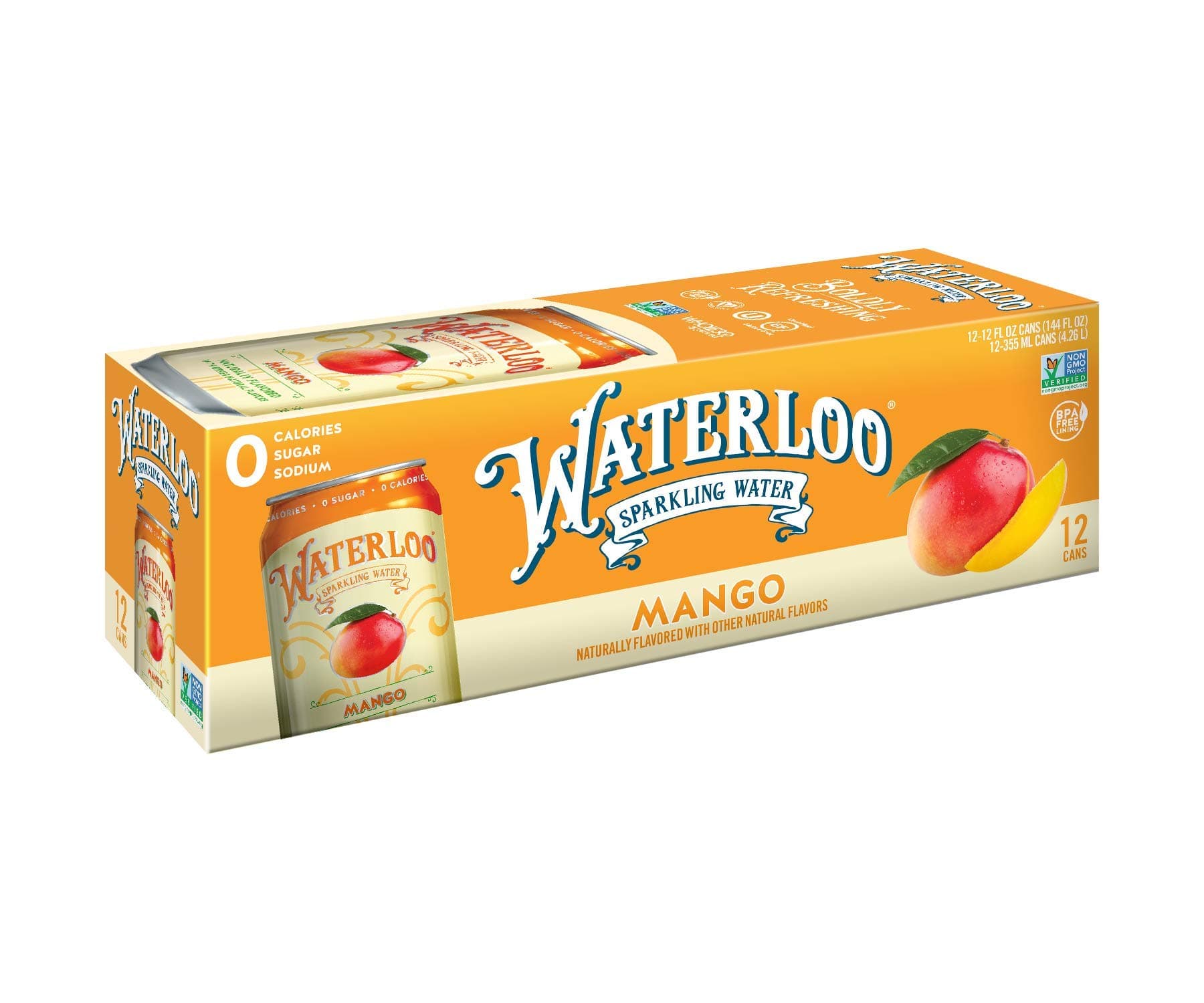 Waterloo Sparkling Water Fruit Flavor 12 Cans, Zero Calorie, Zero Sugar, Zero Sodium, Zero Calories, Naturally Flavored, Mango, 144 Fl Oz