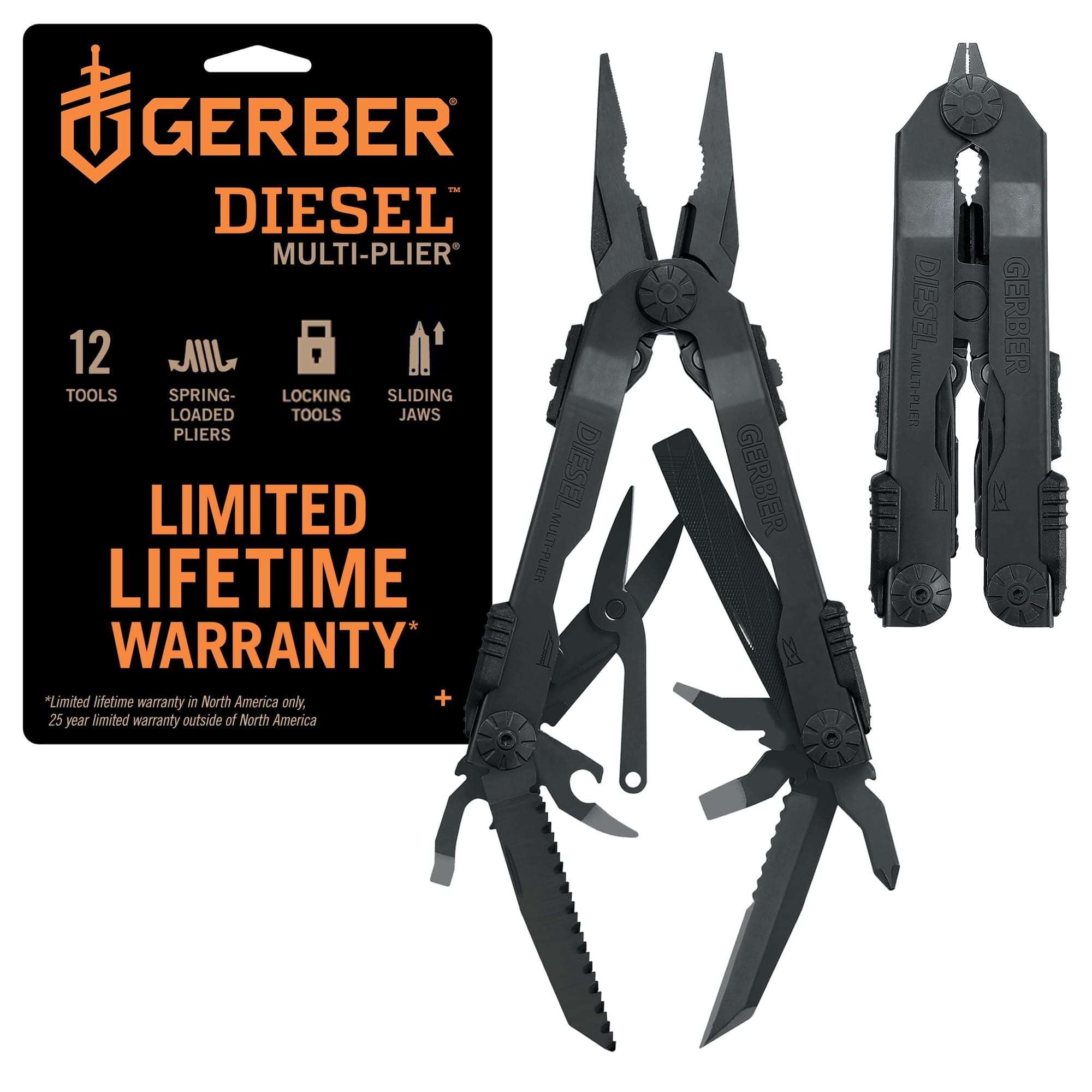 Gerber Gear Diesel Multitool Needle Nose Pliers Set, 12-in-1 EDC Multi-Tool Knife, Survival Gear and Equipment, Black