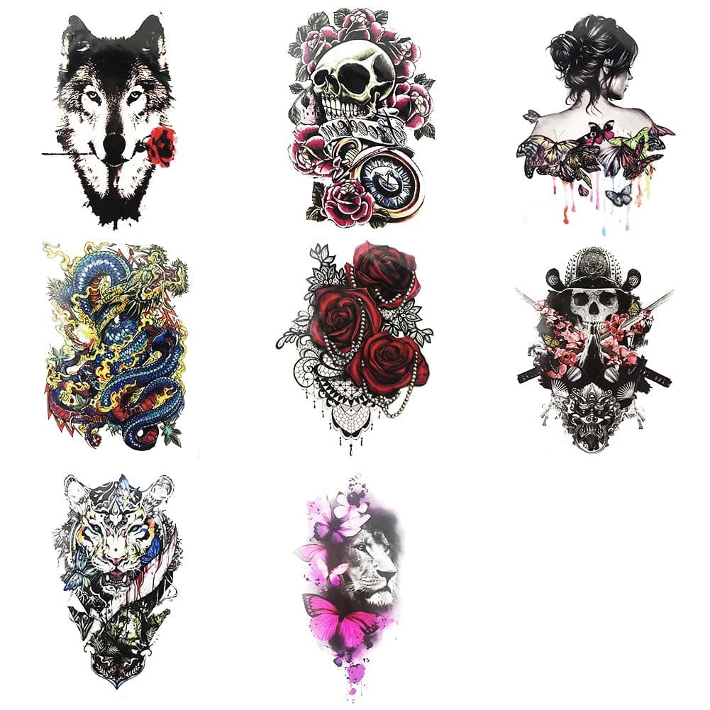 Everjoy Garish Large Sleeve Temporary Tattoos - 8 Sheets, Colorful, Gangster, Cool Body Art Tattoo Stickers for Adults, Women, Men, Boys and Girls