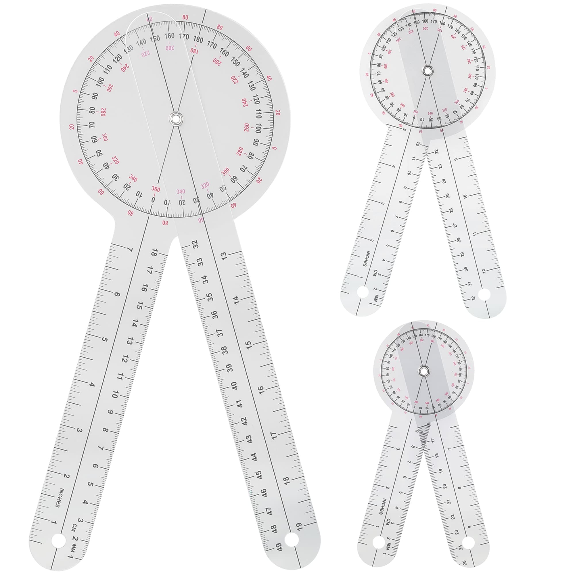 Goniometer Set 3 Pieces of 6/8/12 Inch Occupational Physical Therapy Protractor Tool Measurement Angle Ruler Kit Plastic 360 Degree Universal (3pc)