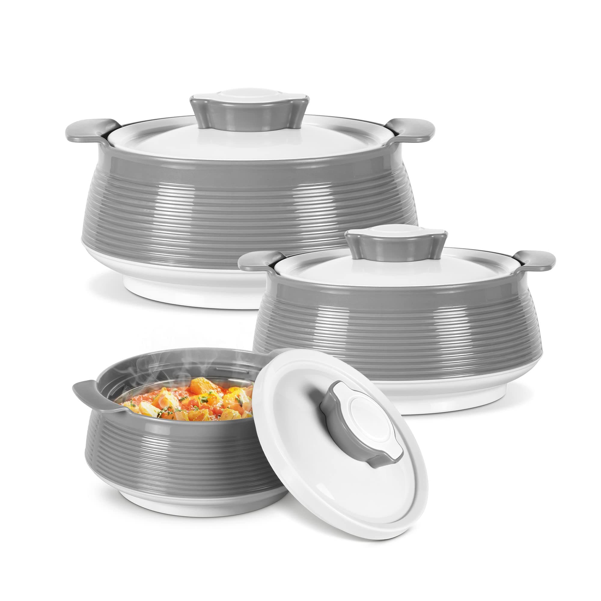 MILTON Venice Double Walled Inner Stainless Steel Serving Casserole Set of 3 (450 ml, 850 ml, 1350ml), PU Insulated Kitchen Hot Pot, Keeps Food hot & Fresh for Roti, Biryani, Grey