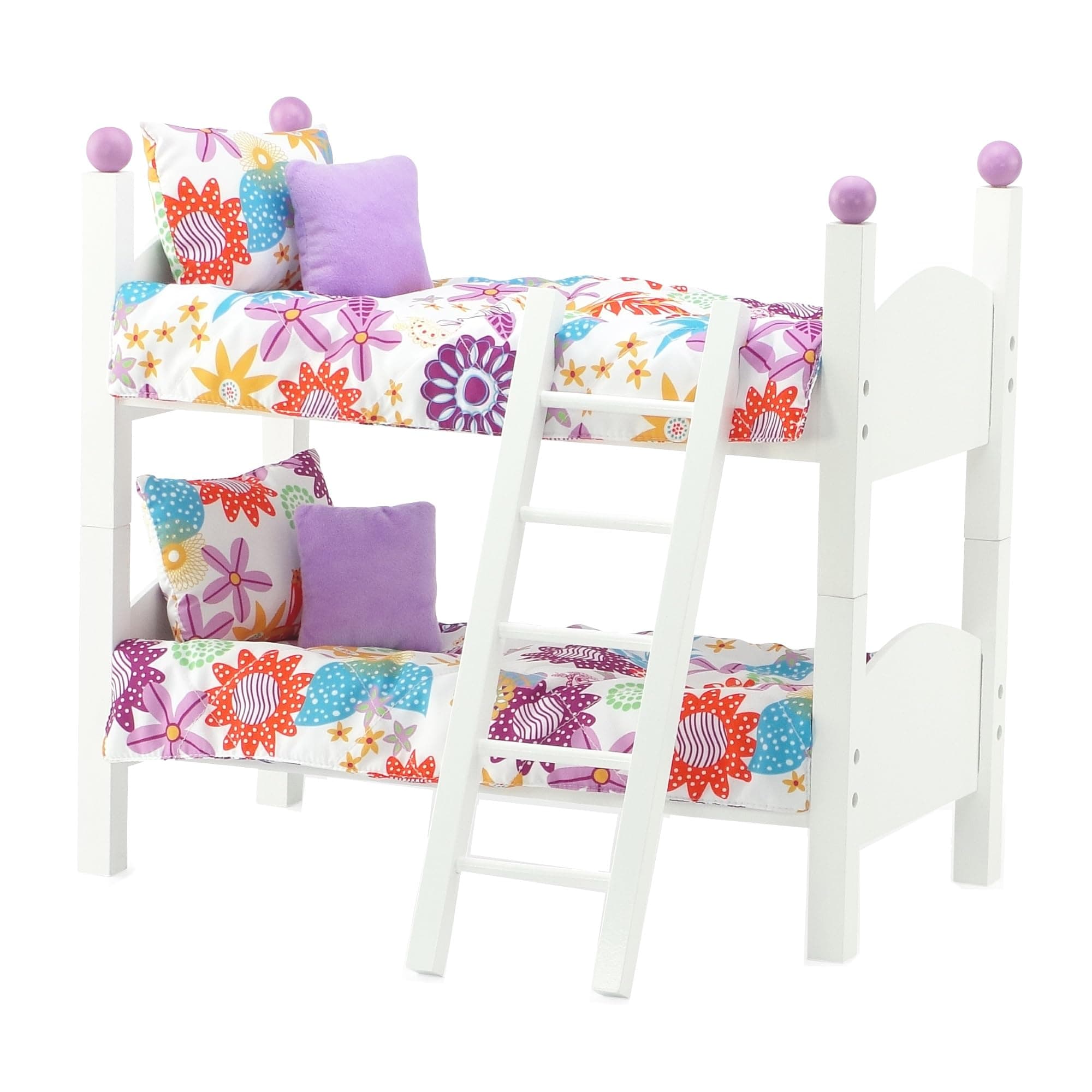 14 Inch Doll Bunk Bed Set - Stackable Wooden Furniture with Bedding & Ladder - Compatible with American Girl Wellie Wishers and Glitter Girls 14” Dolls
