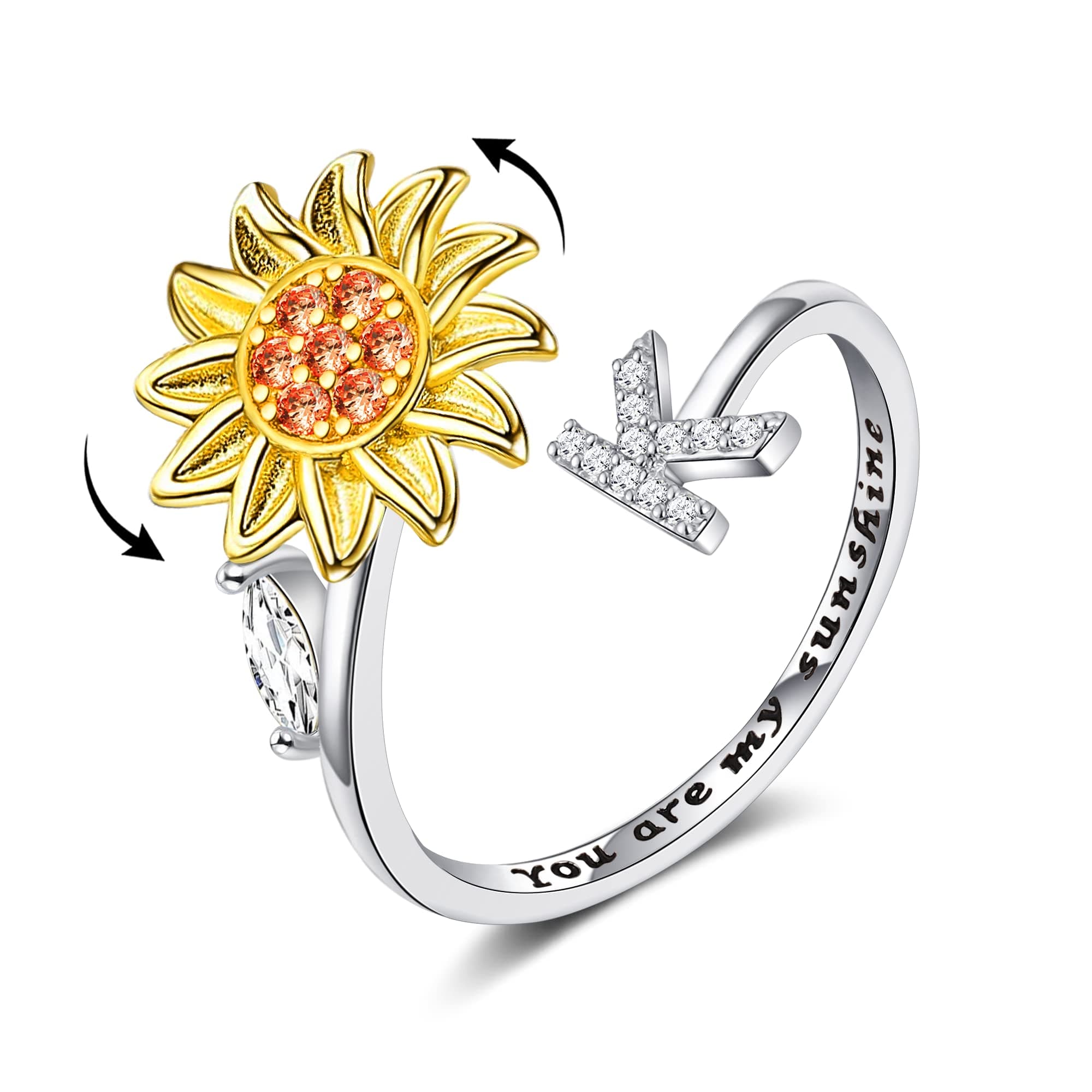 Fidget Rings for Anxiety for Women Sunflower Initial Letter Spinner Open Adjustable Ring CZ Daisy Stress Relieving Rings Jewelry Gift for Women Valentine's Day You are My Sunshine Ring