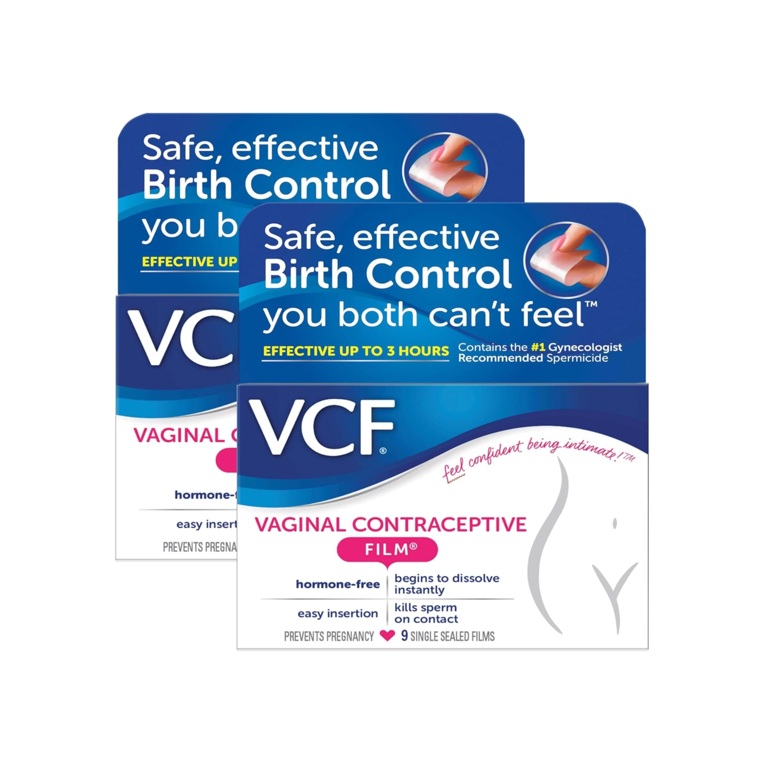 VCF Vaginal Contraceptive Film with Spermicide, 2 Boxes of 9 Prevent Pregnancy, Nonoxyl-9 Kills Sperm on Contact, Hormone-Free, Easy to Use, Unnoticeable, 18 Total Films