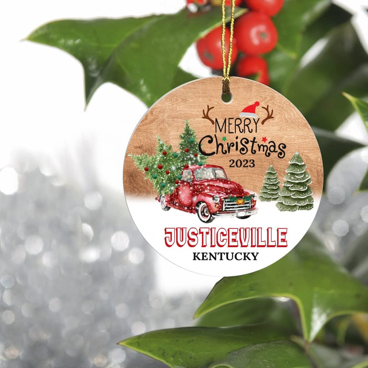 Christmas Tree Ornaments 2024 - Justiceville Kentucky Ornament Hometown Custom City State - Keepsake Gift Ideas Justiceville KY Ornament 3" for Friend and Housewarming