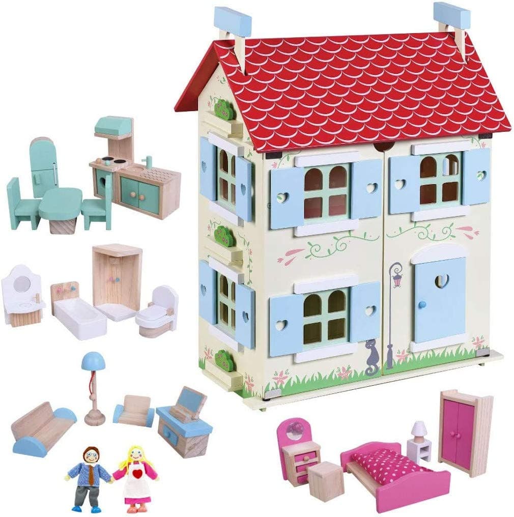 jumini Children's Wooden Dolls House - Primrose Cottage, includes Furniture and Dolls - Suitable for Preschool Age 3+ Imaginative Play