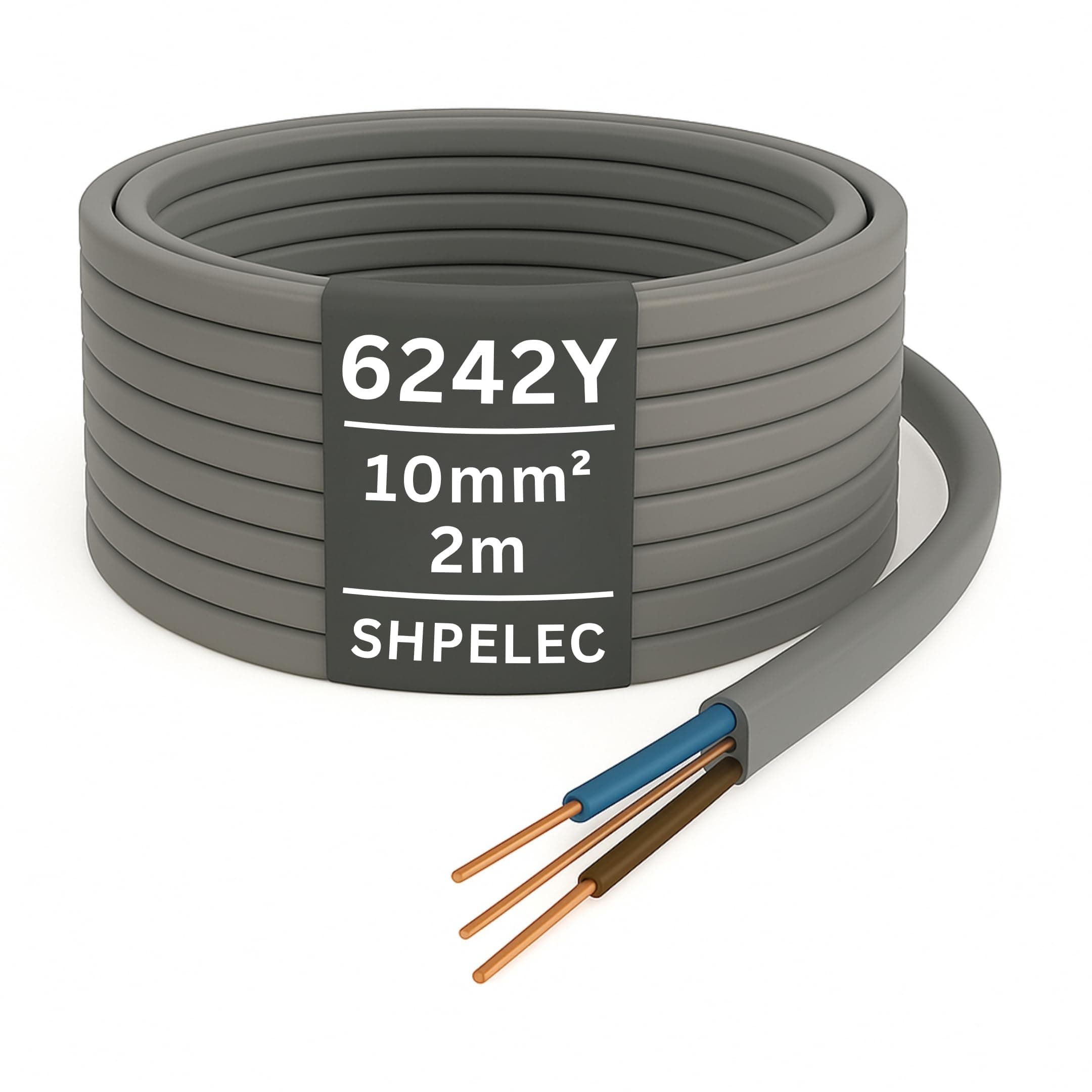 SHPELEC® Electrical Grey Twin and Earth 6242Y Cable - 10mm Mains Socket Ring Twin and Earth 6242Y Cable (10mm, 2m)
