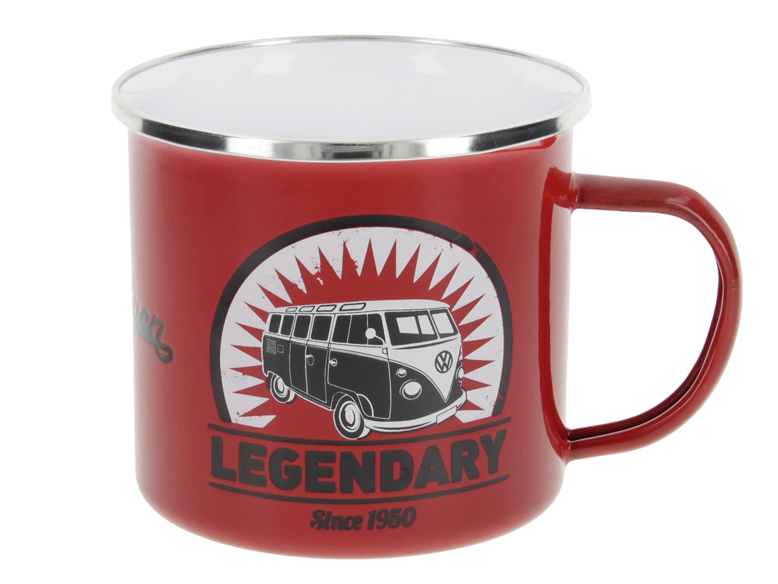 VW Collection - Volkswagen Large Enamel CoffeeTea Mug Cup for Camping & Outdoor T1 Bus Campervan (500 ml/16.9 fl oz/Legendary) (Red)