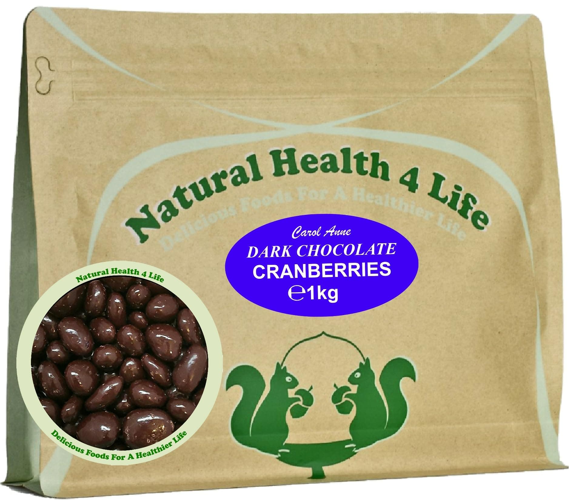 Natural Health 4 Life Carol Anne Confectionery Dark Chocolate Cranberries 1kg, Chocolate Covered Cranberries in Resealable Pouch, ‎2.6g Protein/100g, Snack for Parties, Baking (1 Pouch)