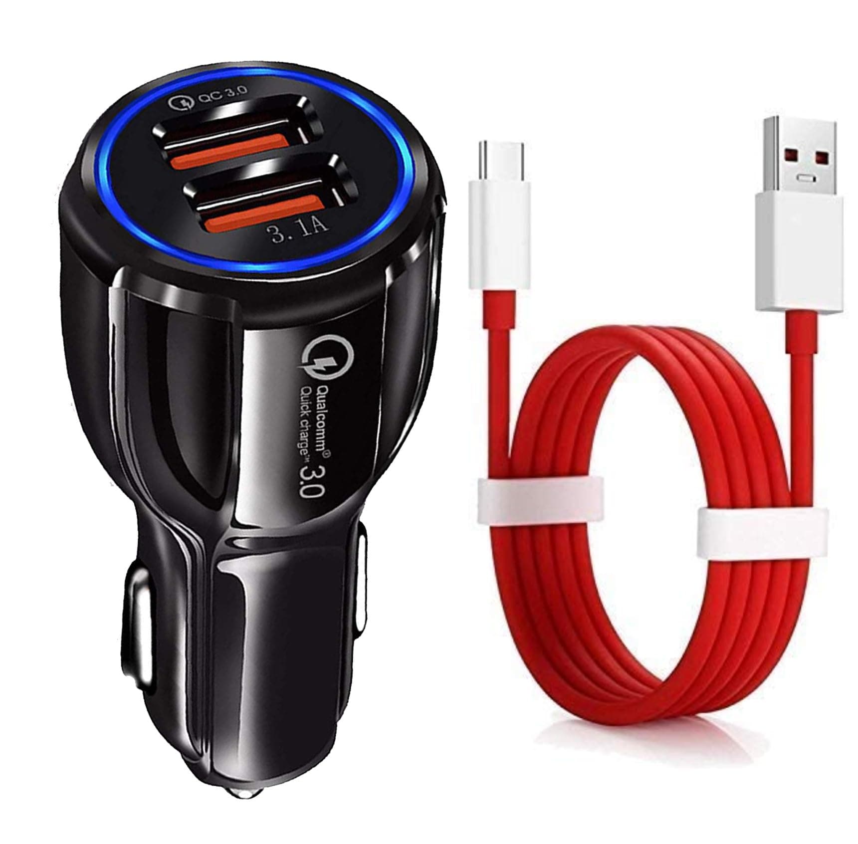 30W Car Charger for Renault KWID Original QC Adapter Type C 3.0A High Speed Fast Turbo Charge QC 3.0 Smart Dualport with 1m Type-C Red Dash Charging & Sync Cable (Black, VT.H2)