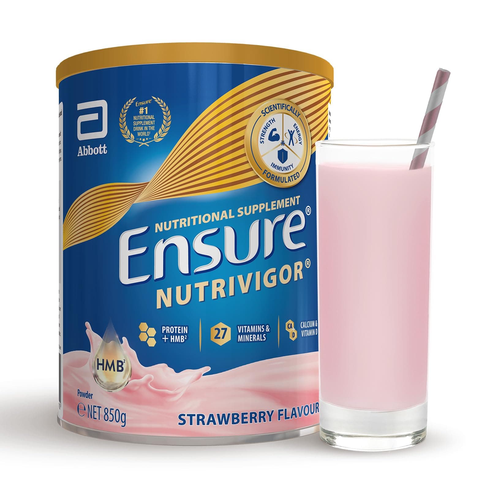 Ensure NutriVigor Nutritional Shake – Strawberry Flavour – 850g – Food Supplement with Protein, HMB & 27 Vitamins & Minerals – Supports Strength, Energy & Immunity – With Vitamin D, C & B
