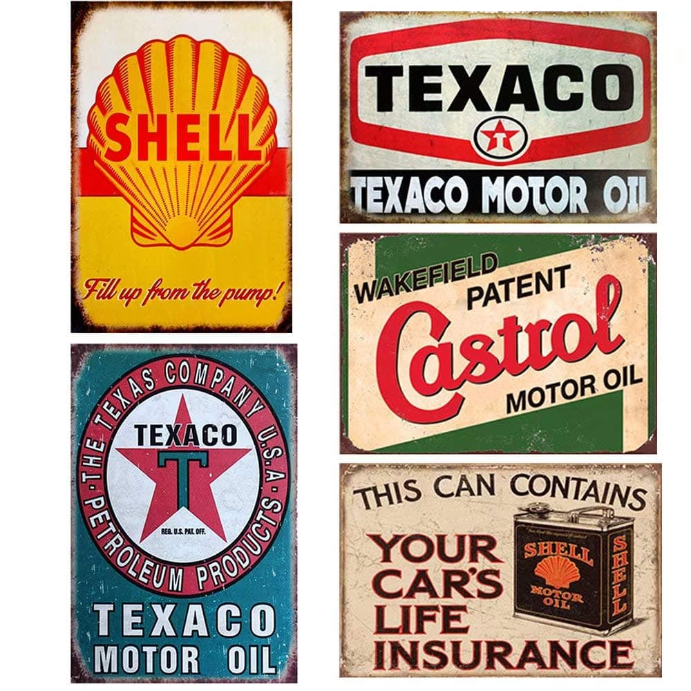 FlowerBeads 5PCS GAS Motor Oil Antique Tin Signs, Vintage Garage Man Cave Retro Posters Bar Pub Wall Decor - 20X30cm