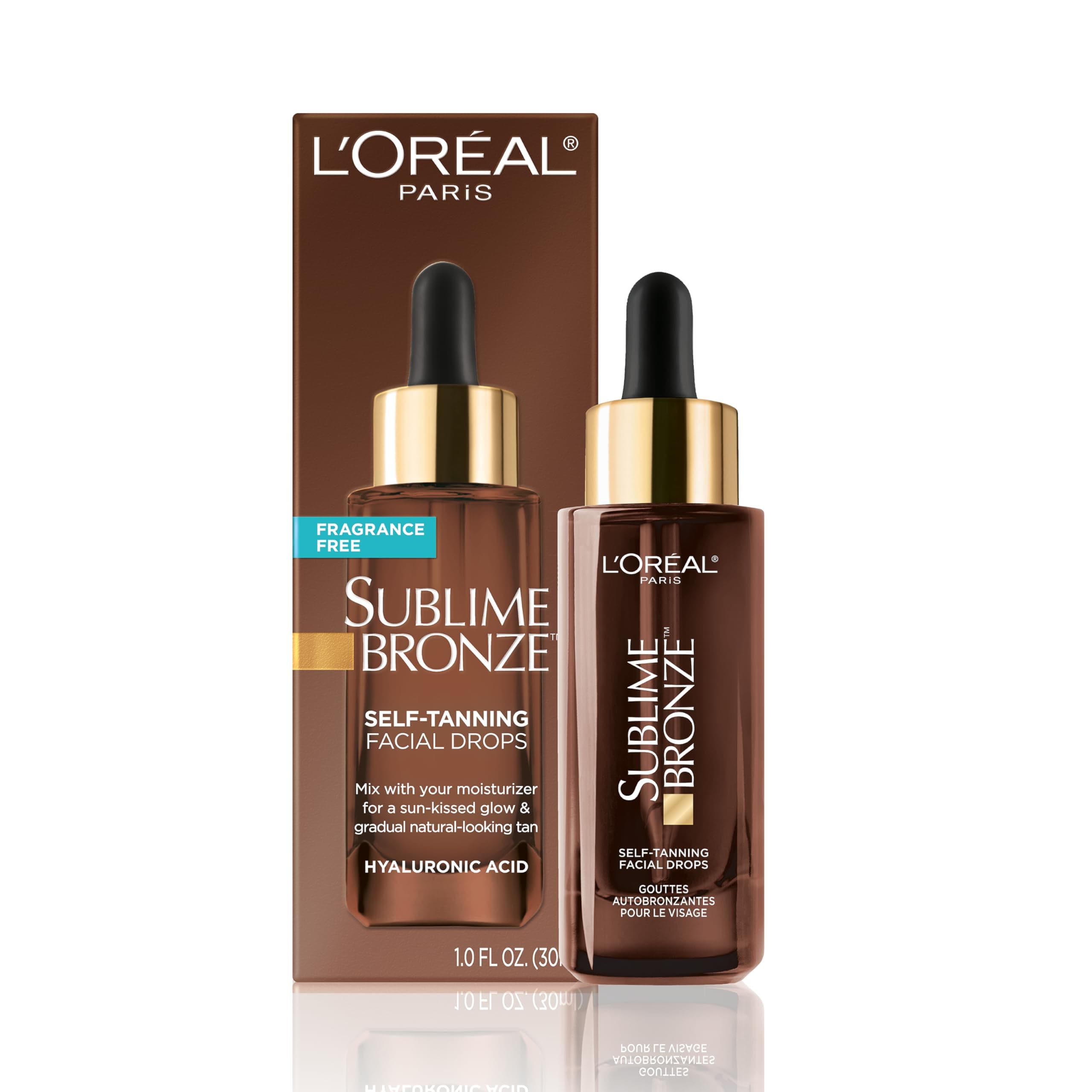 L’Oréal Paris Sublime Bronze Self Tanning Facial Drops with Hyaluronic Acid, Gradual Tan, Fragrance-Free, 1 fl. Oz