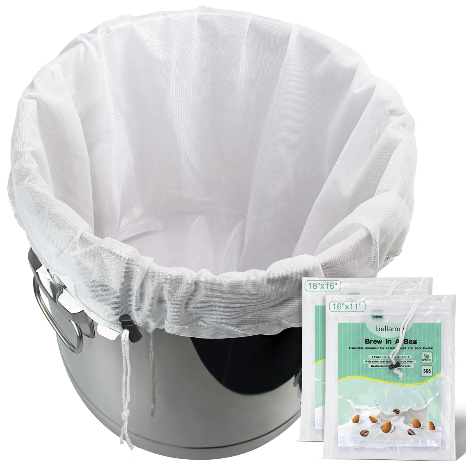 Brew Bags Reusable 2 Pack 250 Micron Fine Mesh Bag for Fruit Cider Apple Grape Wine Press Drawstring Straining Brew in a Bag (2 pack-16"×11"/18"×16")