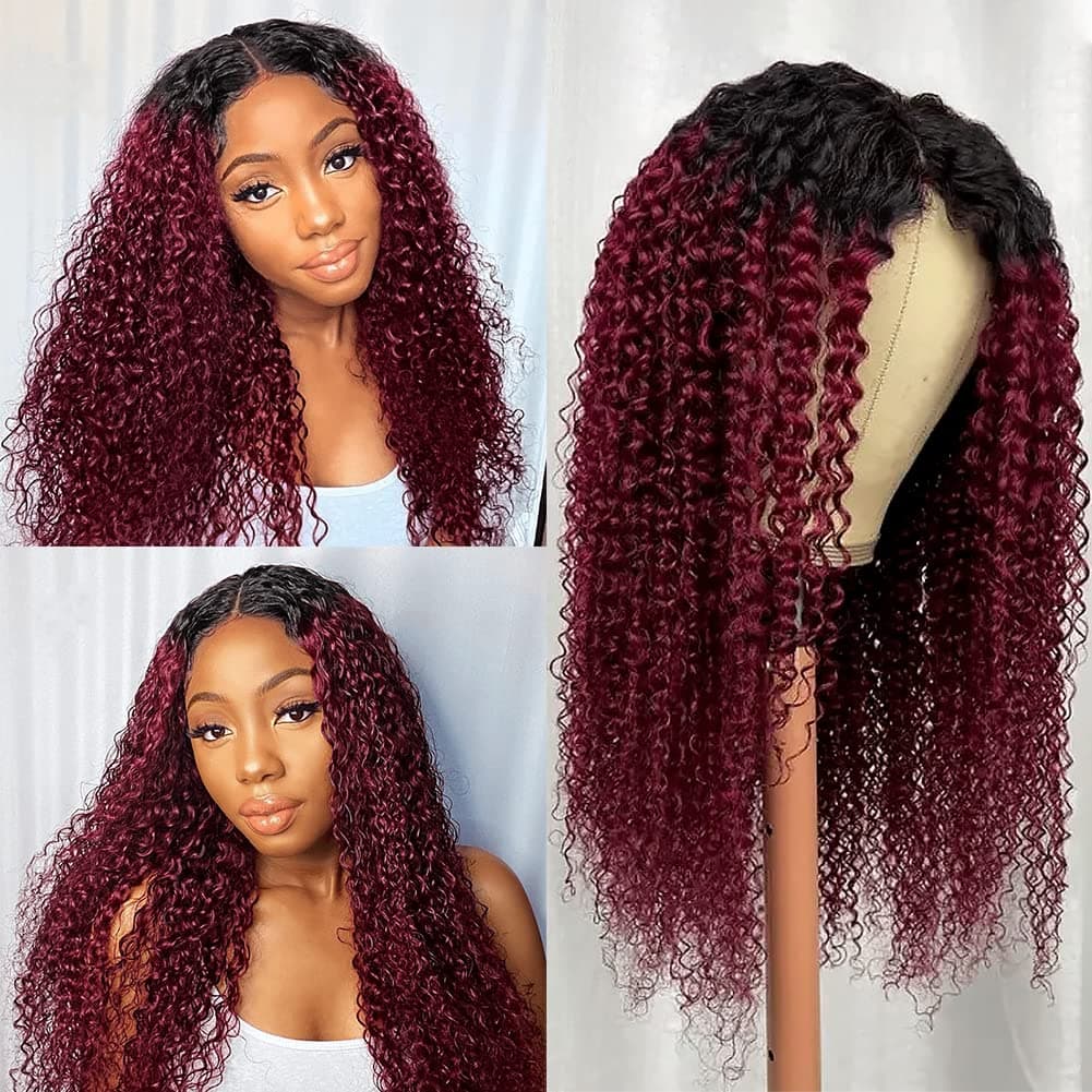 ALISFEEL Ombre Burgundy Brazilian Curly Human Hair Lace Closure Wigs, Ombre 4x4 Lace Front Wigs, Jerry Curly Brazilian Hair Glueless Wigs with Baby Hair Pre Plucked (14" 1B/99J)