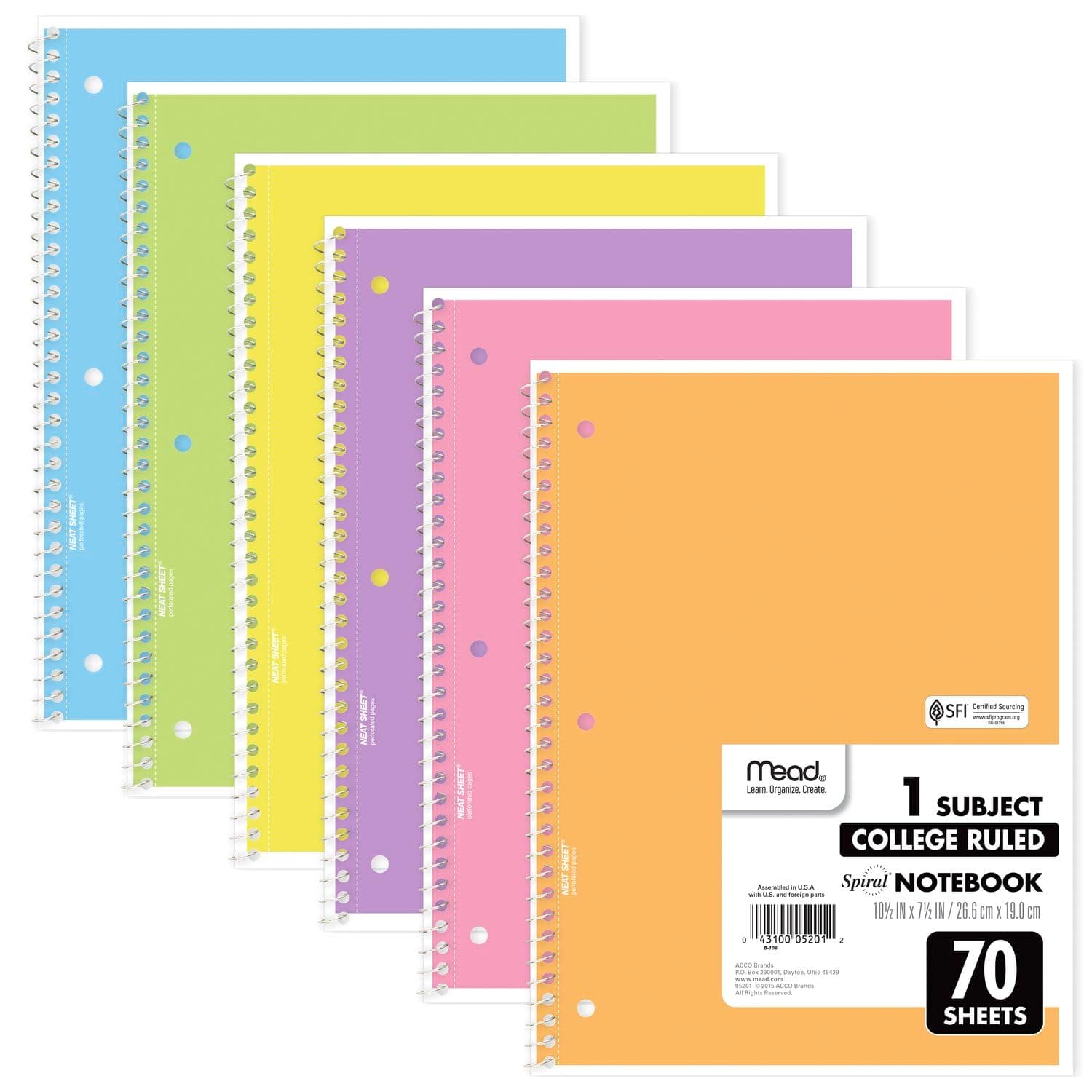 Mead Spiral Notebooks, 6 Pack, 1-Subject, College Ruled Paper, 8" x 10-1/2", 70 Sheets, Assorted Pastel Colors (830049-ECM)