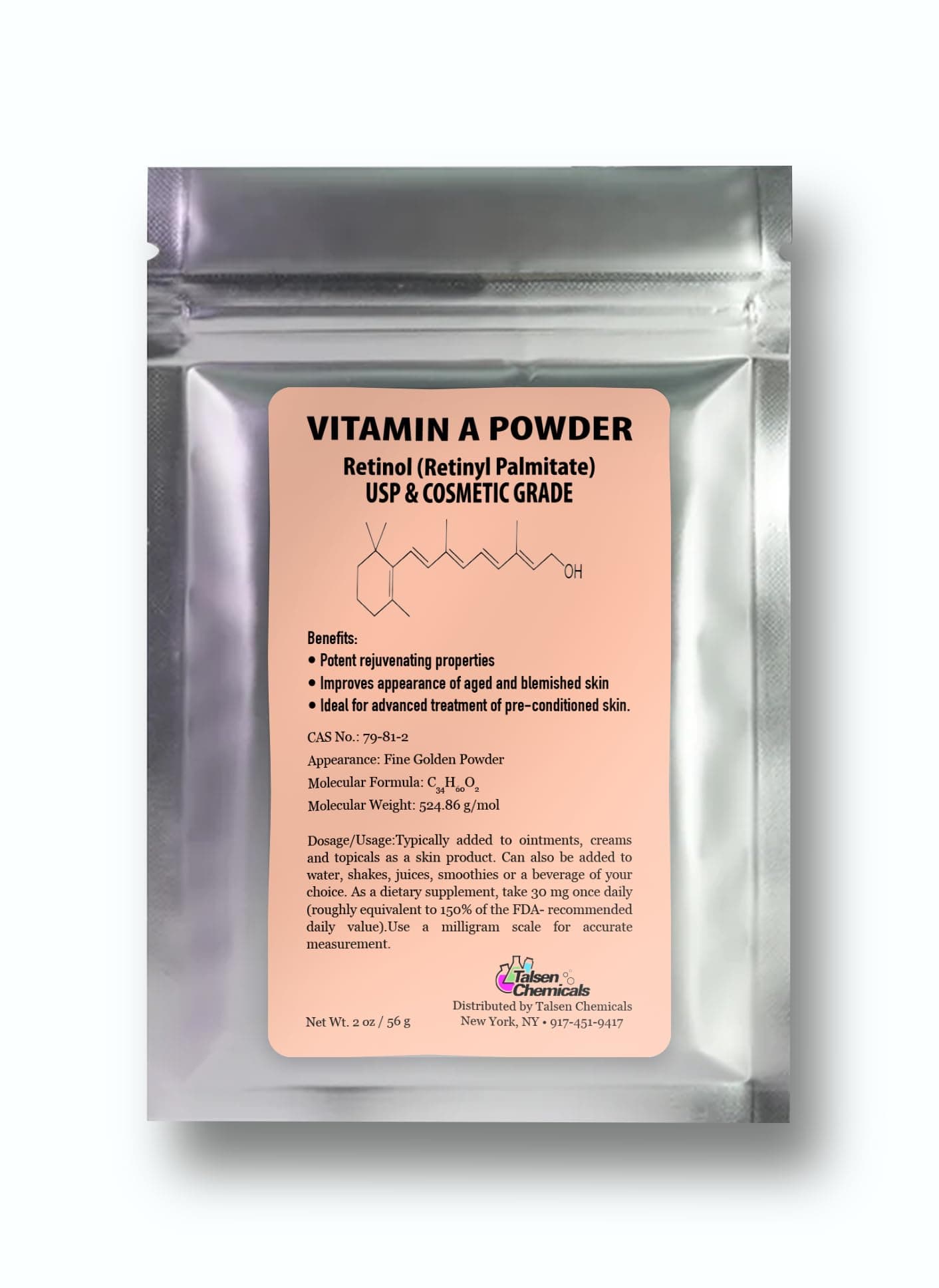Vitamin A Powder Retinyl Palmitate, Pure Retinol Powdered Vitamin Water Soluble Vitamin A USP & Cosmetic Grade (2 oz. / 56 Grams)