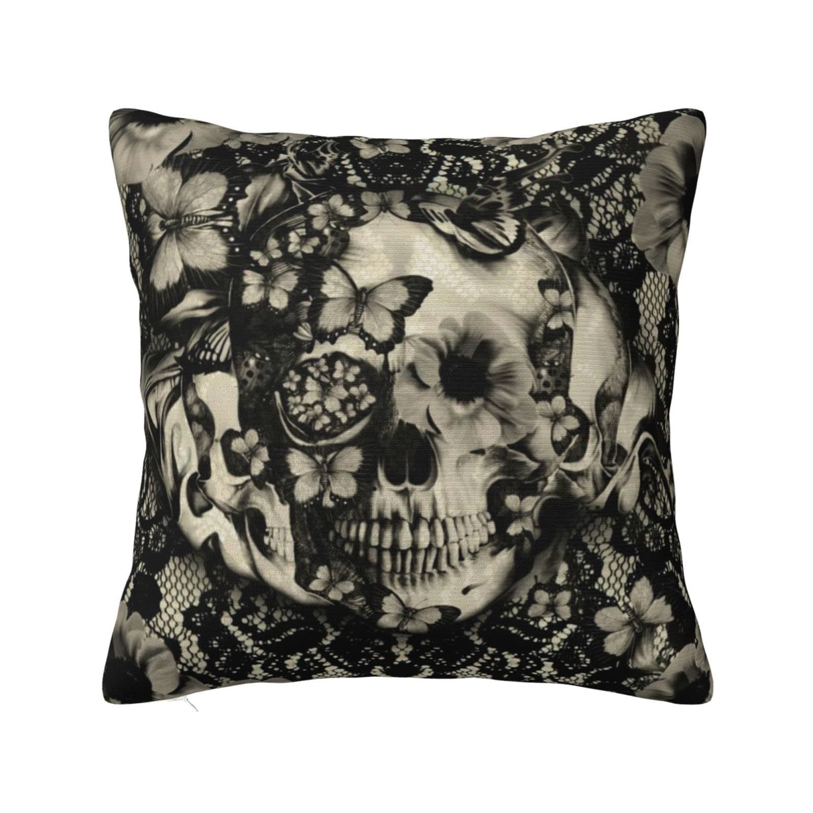 niBBuns Throw Pillow Cover 18 x 18 Inch，Vintage Victorian Gothic Lace Black Skull Rose，Autumn Thanksgiving Farmhouse Harvest Cushion Case Decoration for Sofa Couch