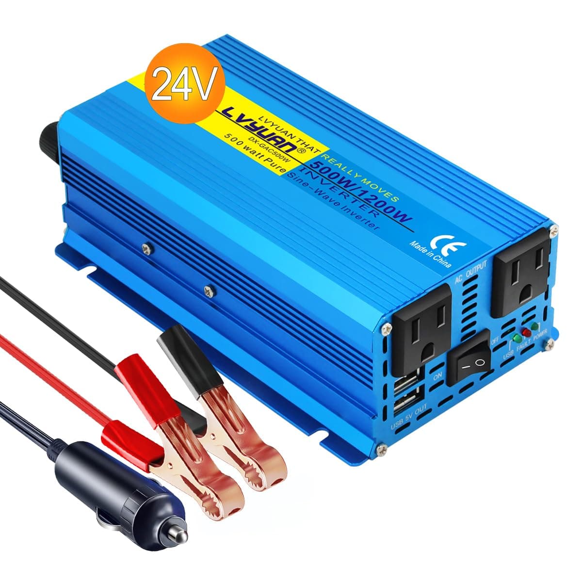 LVYUAN 500 watts 1000 (Peak) Pure Sine Wave Car Power Inverter 24V DC to 110V/120V AC Converter with 2 sockets and USB Port for Car Truck Family Solar System,RV, Truck,Road Trip