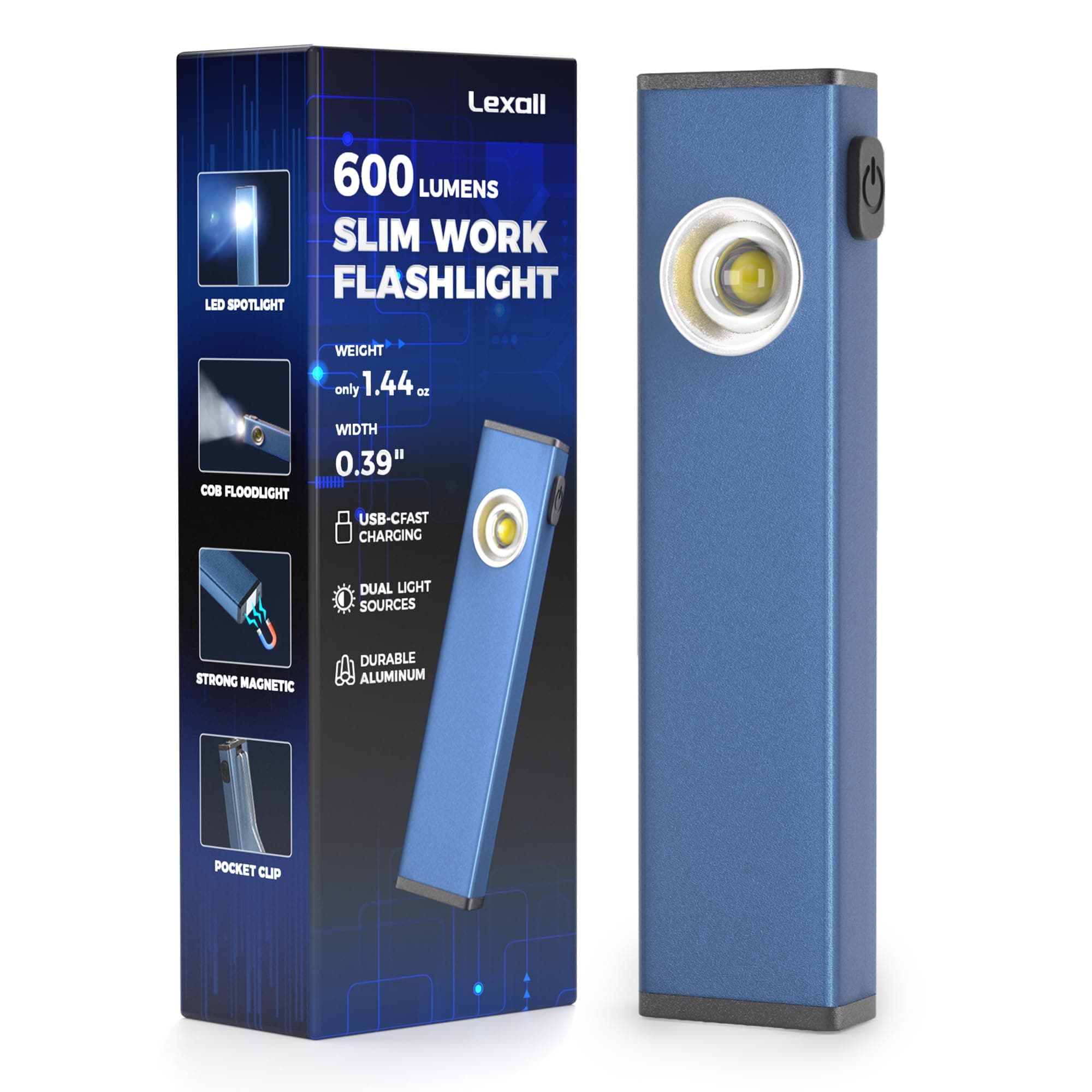 lexall Rechargeable Flashlight, 600 Lumens Portable LED Flashlight, Magnetic COB Flat Task Light with Pocket Clip, 3 Modes, Pocket Pen Inspection Light for Repairing, Camping, Hiking, Emergency(1 Pc)