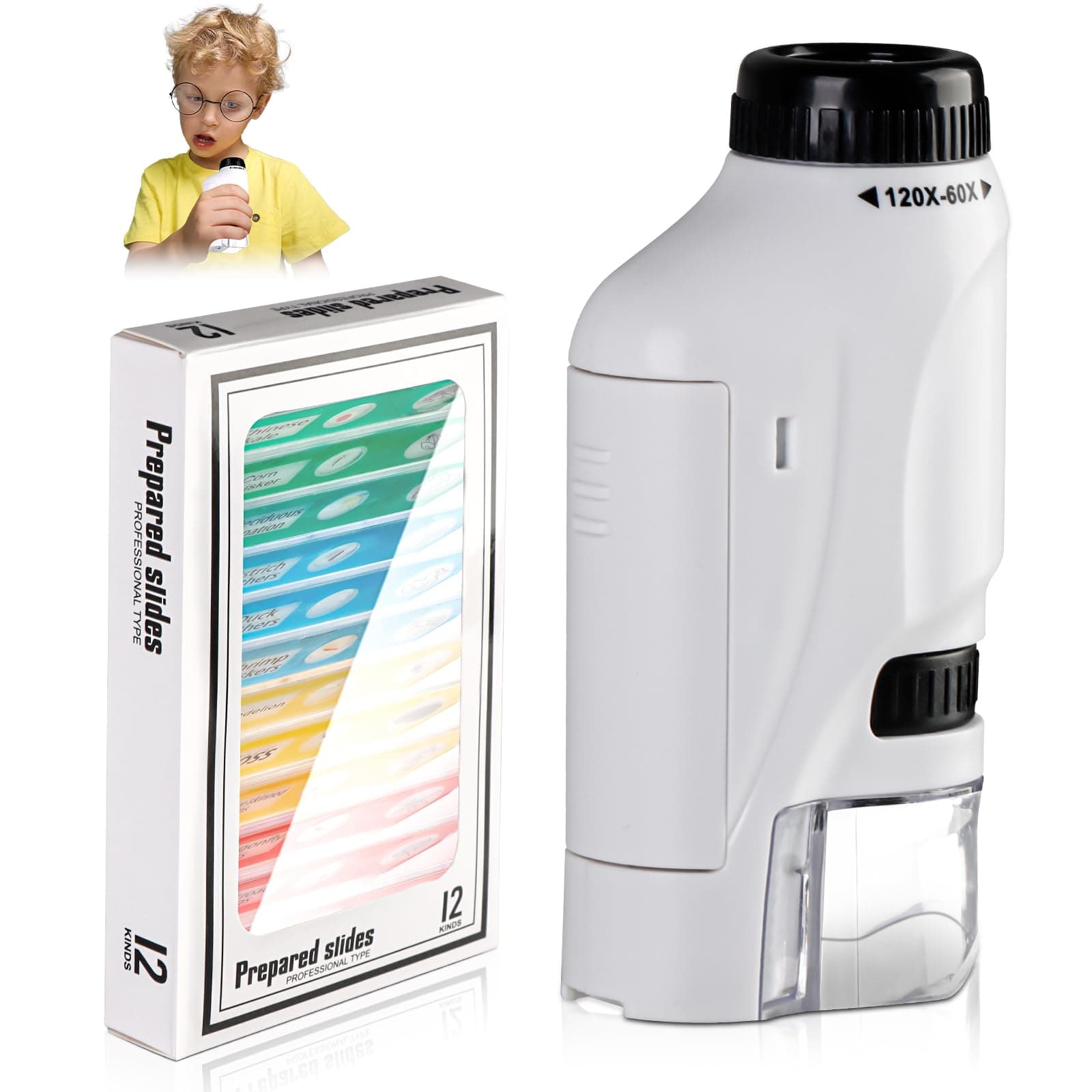 Minilabsters Miniscope Kids, Mini Labsters Portable Microscope for Kids Ages 8-12, Pocket Microscope 60x-120x, Mini Microscope for Kids 5-7, Kids Microscope for Kids Scientific Experiment (White)